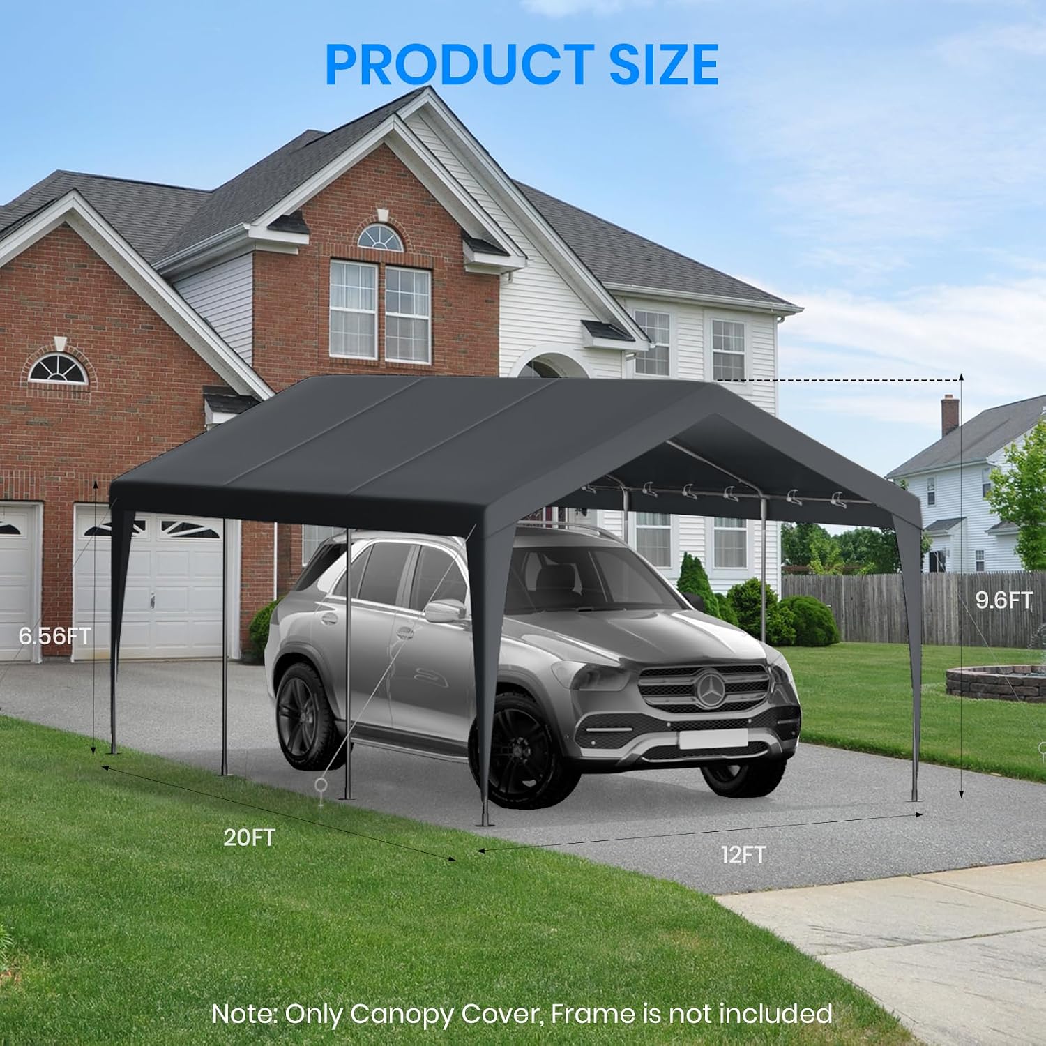 12x20 FT Upgraded Portable Garage Replacement Top Canopy Cover for Car Garage Shelter Tent Party Tent with 46 Ball Bungees Cords Gray (Only Top Cover, Frame is not Included)