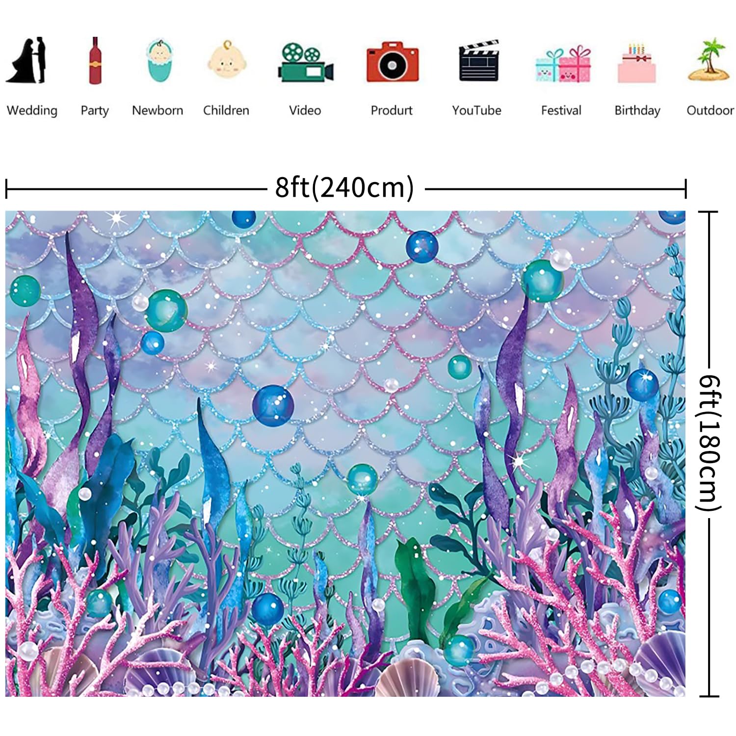 2.4x1.8m Telón de Fondo de Sirena bajo el mar púrpura corales Perlas Fotografía Fondo Chica Princesa Sirenita Cumpleaños Cake Mesa Decoraciones Banner Photo Booth Props