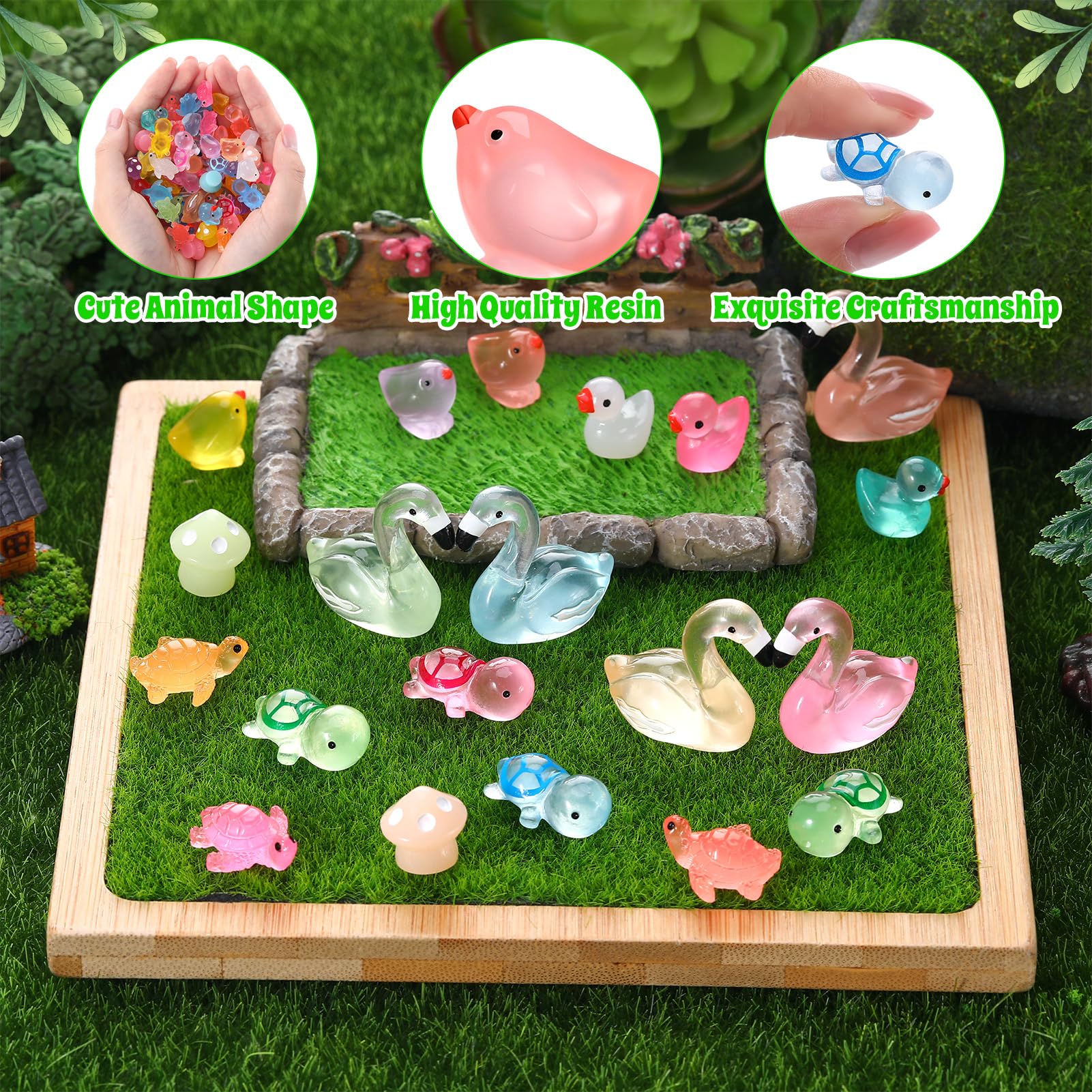 GSrenyu 100 Pcs Mini Resin Animals Luminous 6 Styles Miniature Figures Ducks, Turtles, Flamingos, Mushrooms - Image 3