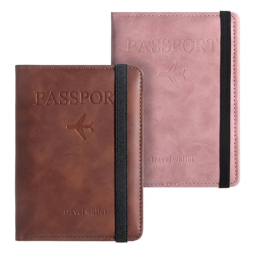 Passport Holder for Travel 2 Pcs Elastic Band Passport Wallet with Card Slots Premium PU Leather Passport-Wallet Cover Case for Men Women Practical Travel Essentials (Brown, Pink)