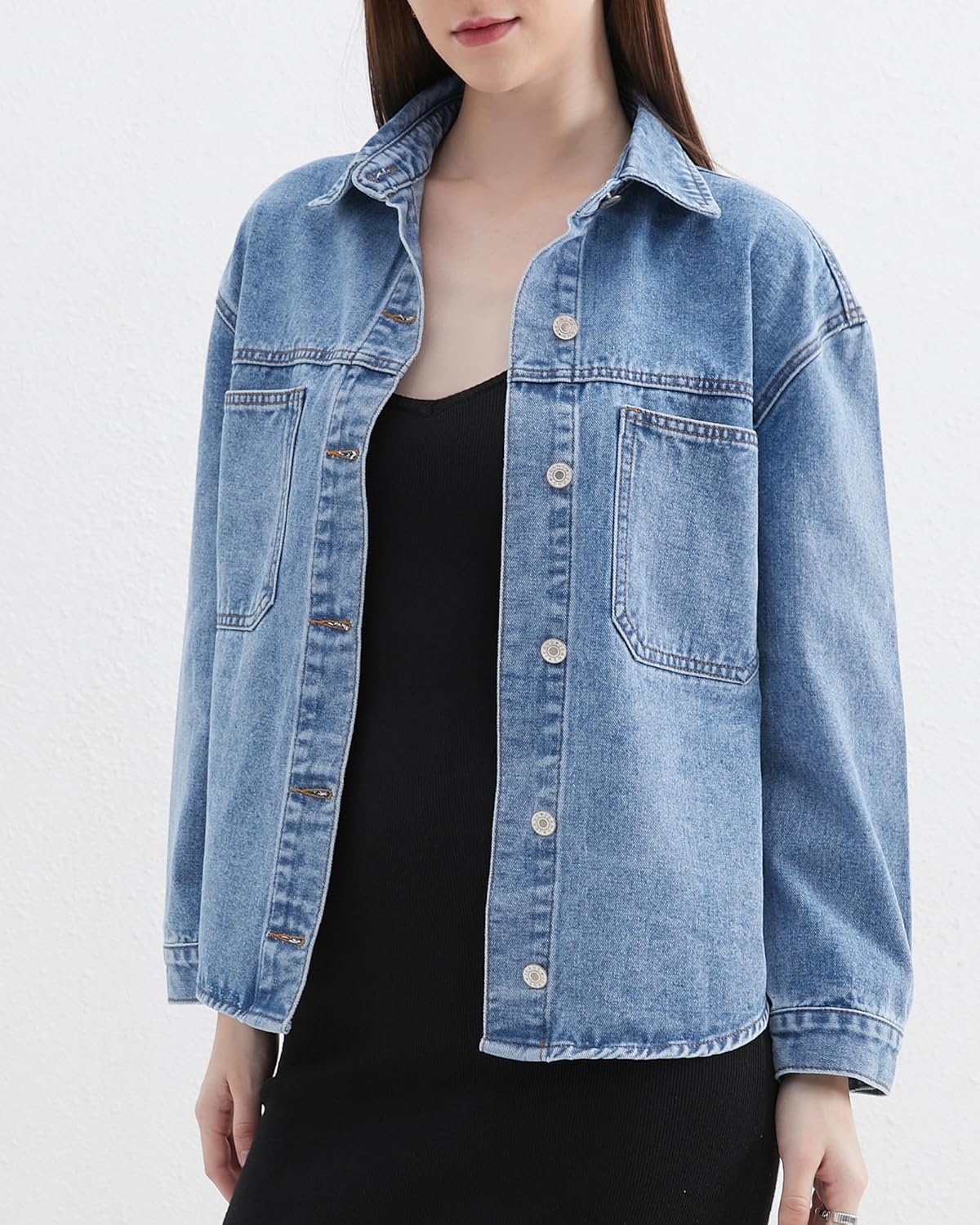 Women's Denim Jacket Oversized Loose Fit Lapel Button Front Jean Jackets Coat - Image 5