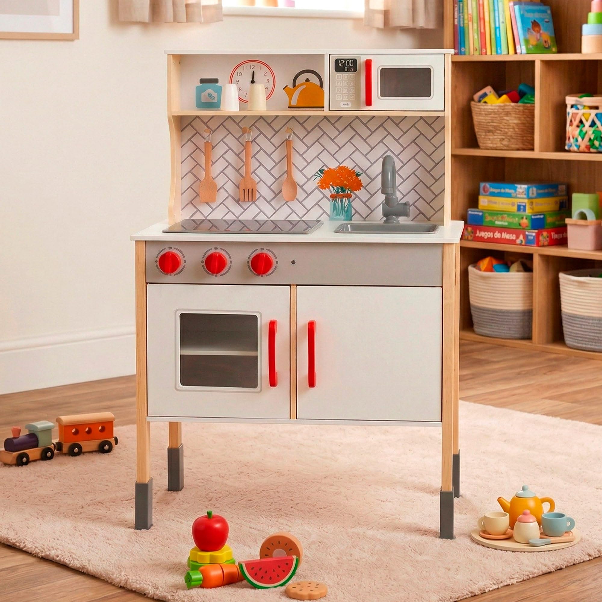 WOOMAX Cocina de Juguete con luz y Sonido, Cocinita de Madera Infantil con vitrocerámica y Campana extractora, Cocina Infantil 94,5x59,5x30cm, Juguete para niños y niñas (49549)