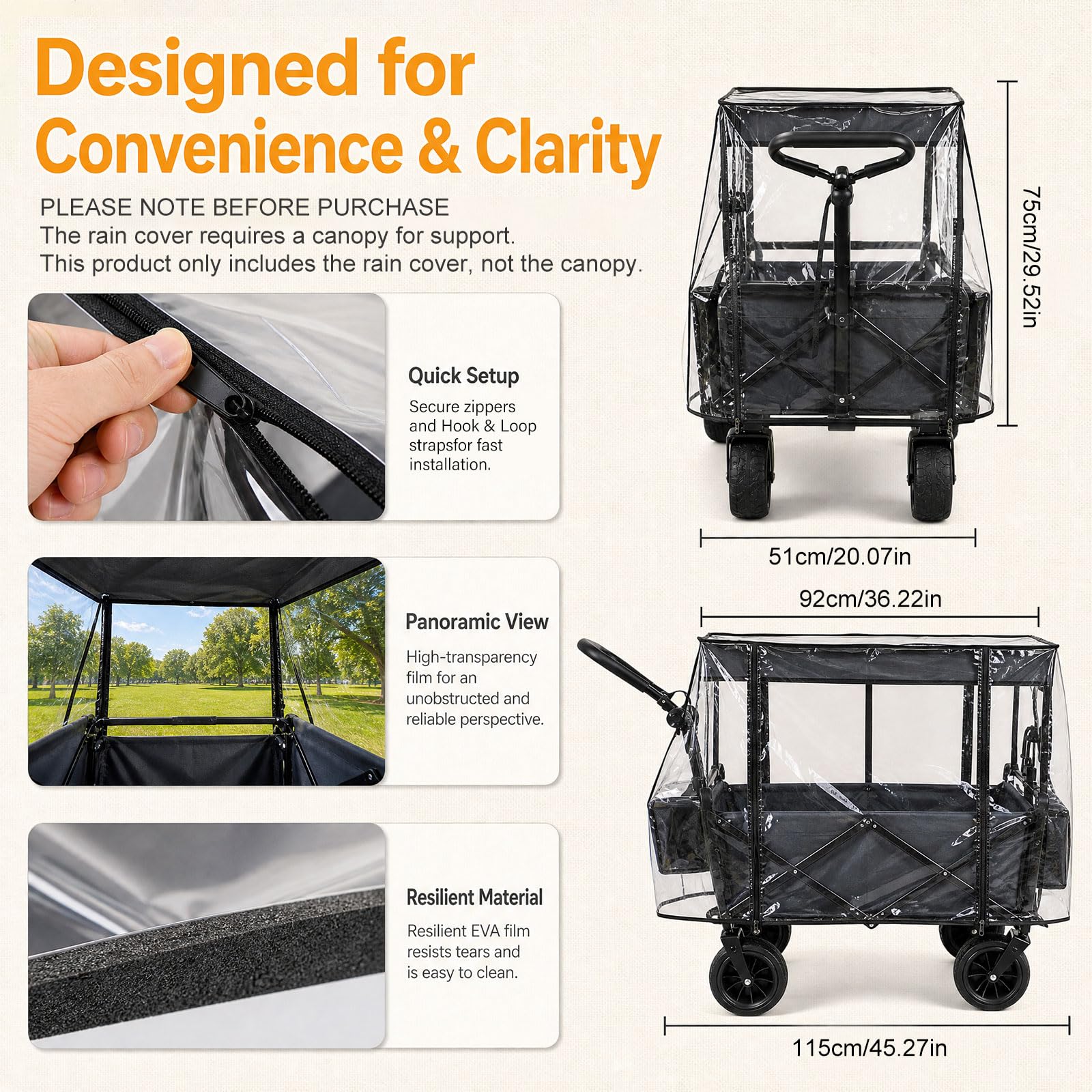 Funda de lluvia para carrito 115 x 75 x 51 cm, cubierta transparente de PEVA con cremallera y cierre autoadherente, protección contra la lluvia para carrito plegable y de transporte