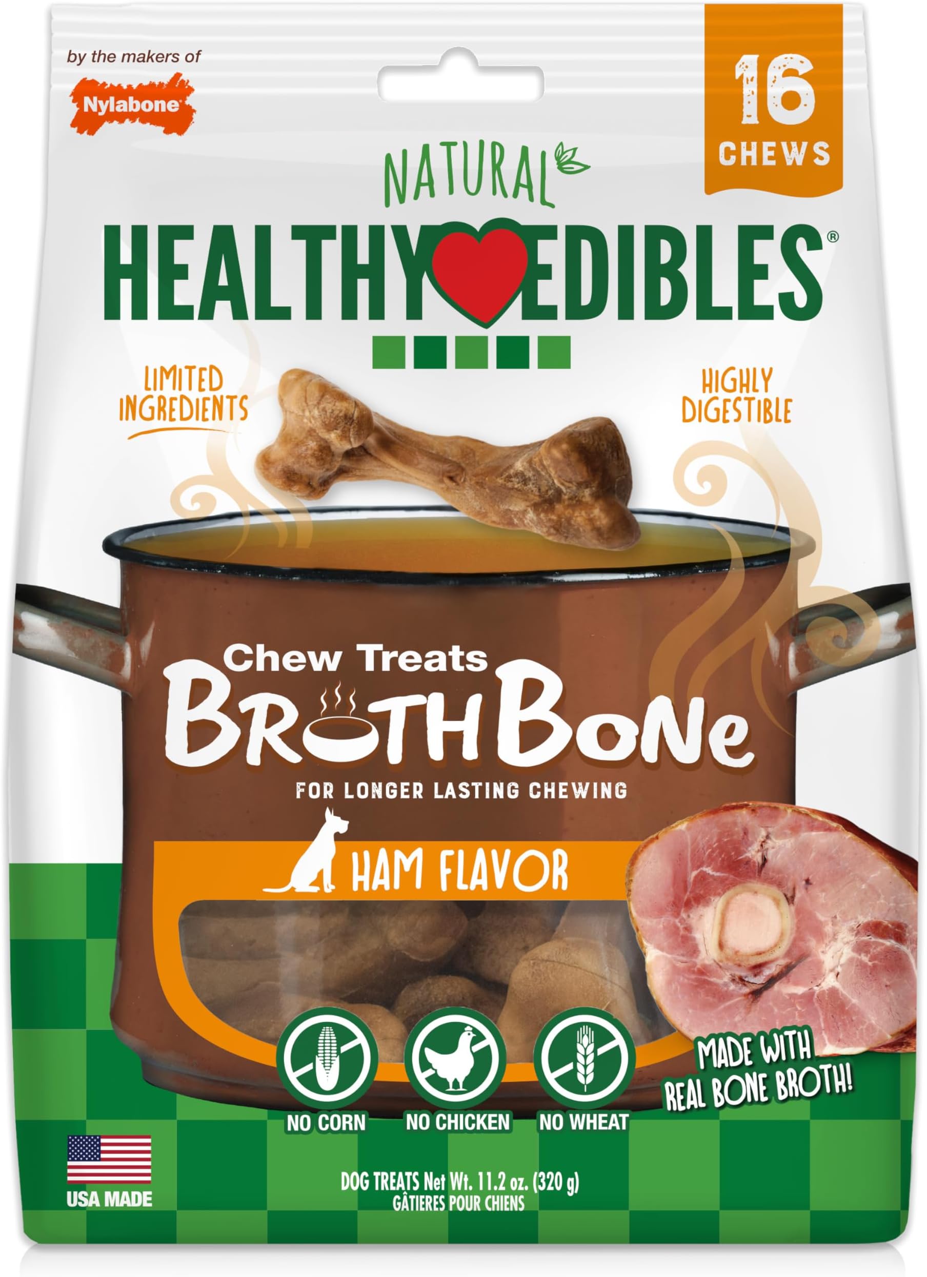 Healthy Edibles Broth Bone Natural Dog Chews Long Lasting Treats Ham Flavor Small/Regular - Up to 25 Ibs. (16 Count)