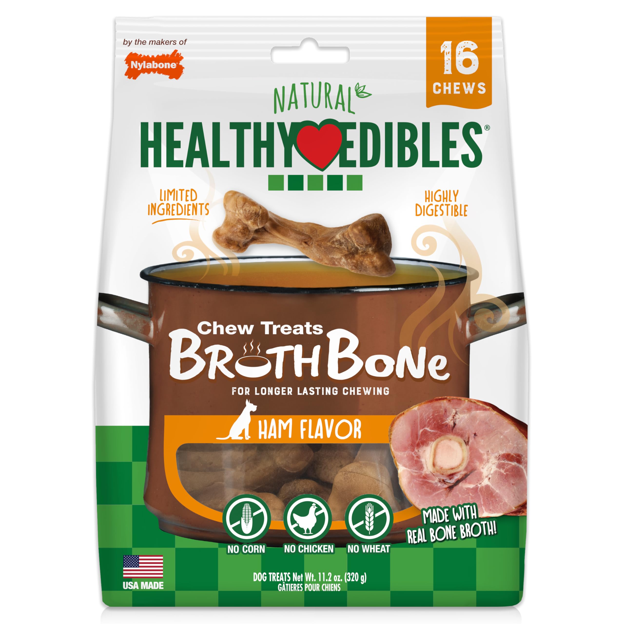 Nylabone Healthy Edibles Broth Bone All Natural Dog Treats Made With Real Bone Broth Small/Regular (16 count)