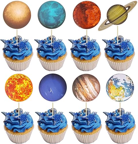 Gyufise 40 piezas de decoración para cupcakes del espacio exterior, planeta, cohete, nave espacial, viaje a la luna, estrella para cupcakes, sistema