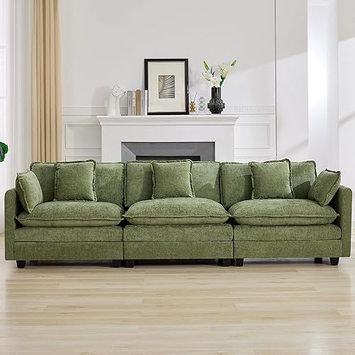 Miniatura 59 de Sofá seccional de 111'' con asiento profundo tipo nube, sofá seccional moderno y cómodo de chenilla en forma de L para juego de sala de estar, sofá