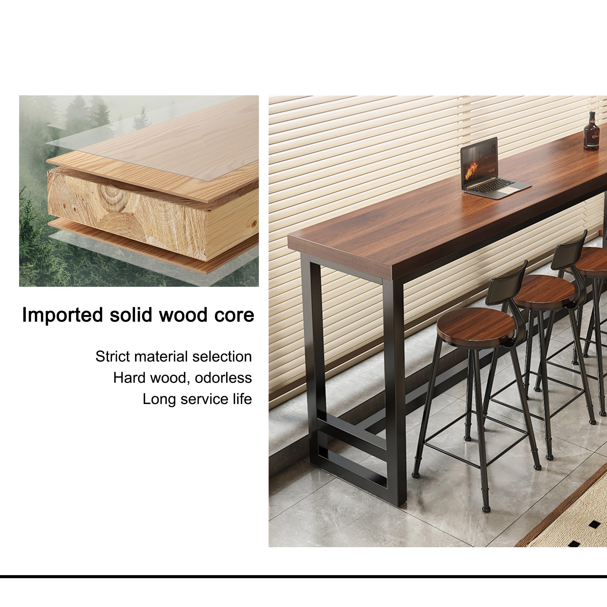 Mesa Alta Bar Rectangular Mesa Auxiliar Cocina Estrecha con Estructura de Metal para Cocina Cafetería Comedor Sala de Estar(Walnut,160x40x105cm)