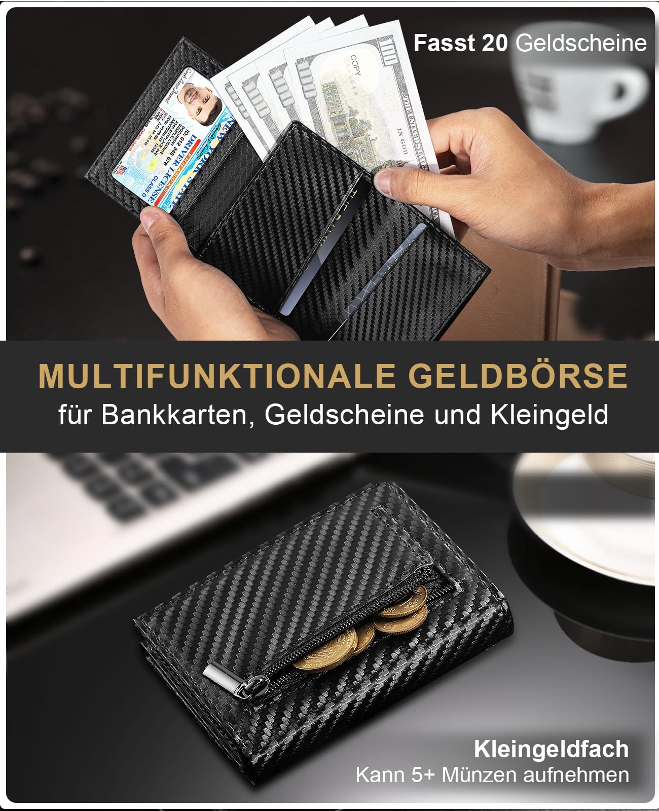 UNOSEKS Portafoglio da uomo – Portafoglio da uomo con protezione RFID, sottile portafoglio con scomparto per monete, Smart Wallet, fibra di carbonio., Portafoglio RFID