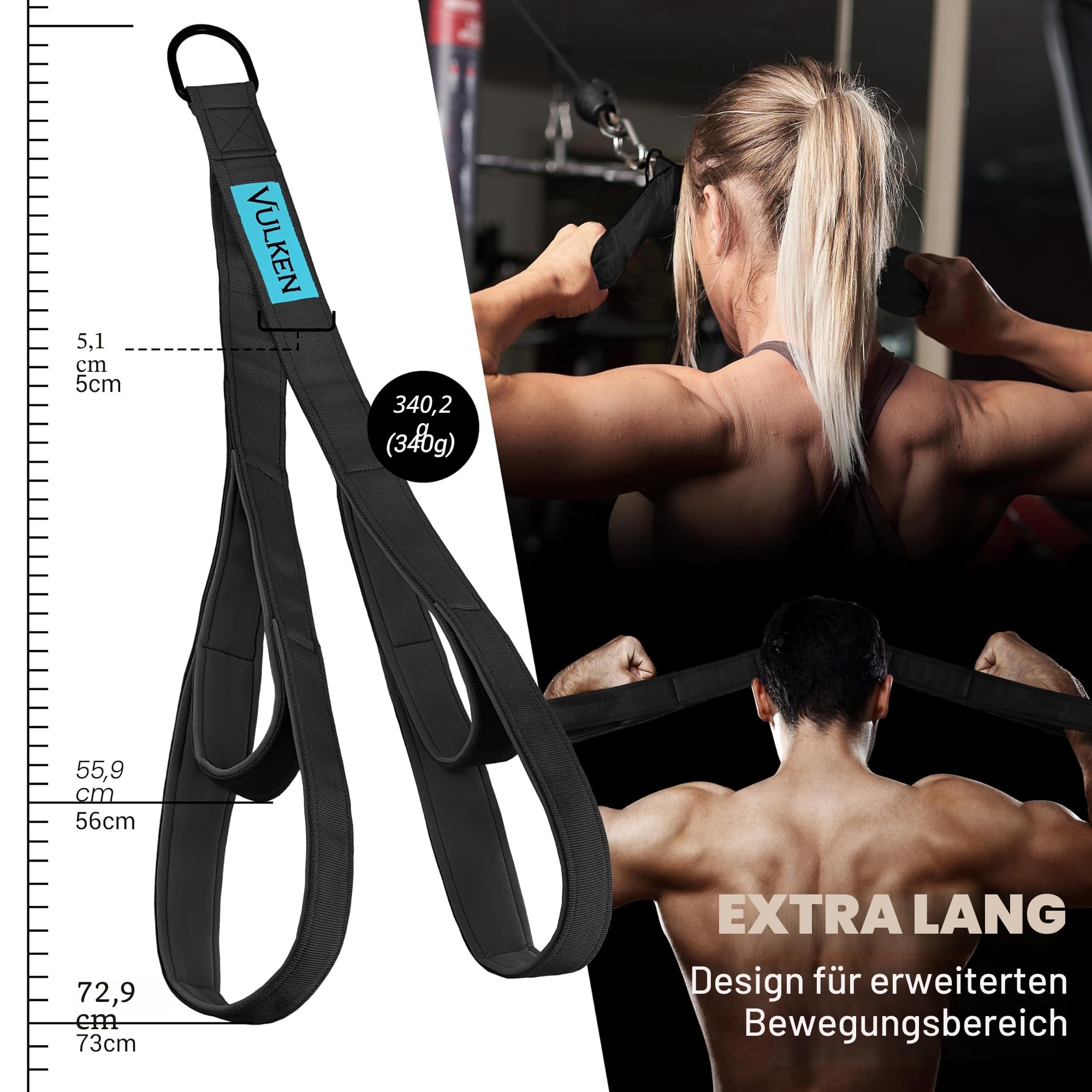 Vulken Trizepsseil-Kabelbefestigung, zwei Größen in einem, extra langes Zugseil, Trizeps-Verlängerungsgurte, Fitnessgerät, Griffe für Trainingsbänder zu Hause (L)