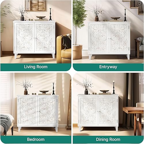 Miniatura 7 de DWVO Armario decorativo con puertas, armario de almacenamiento de aparador de 31.5 pulgadas con 2 puertas de vidrio tallado y marco de madera para