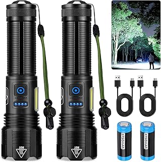 250000 Lumen Rechargeable Flashlights,LED Flashlight High Lumens with 6 Modes, Super Bright COB Work Light, AdjustableWaterproof Flash Light High Powered for Camping(2 Pack)