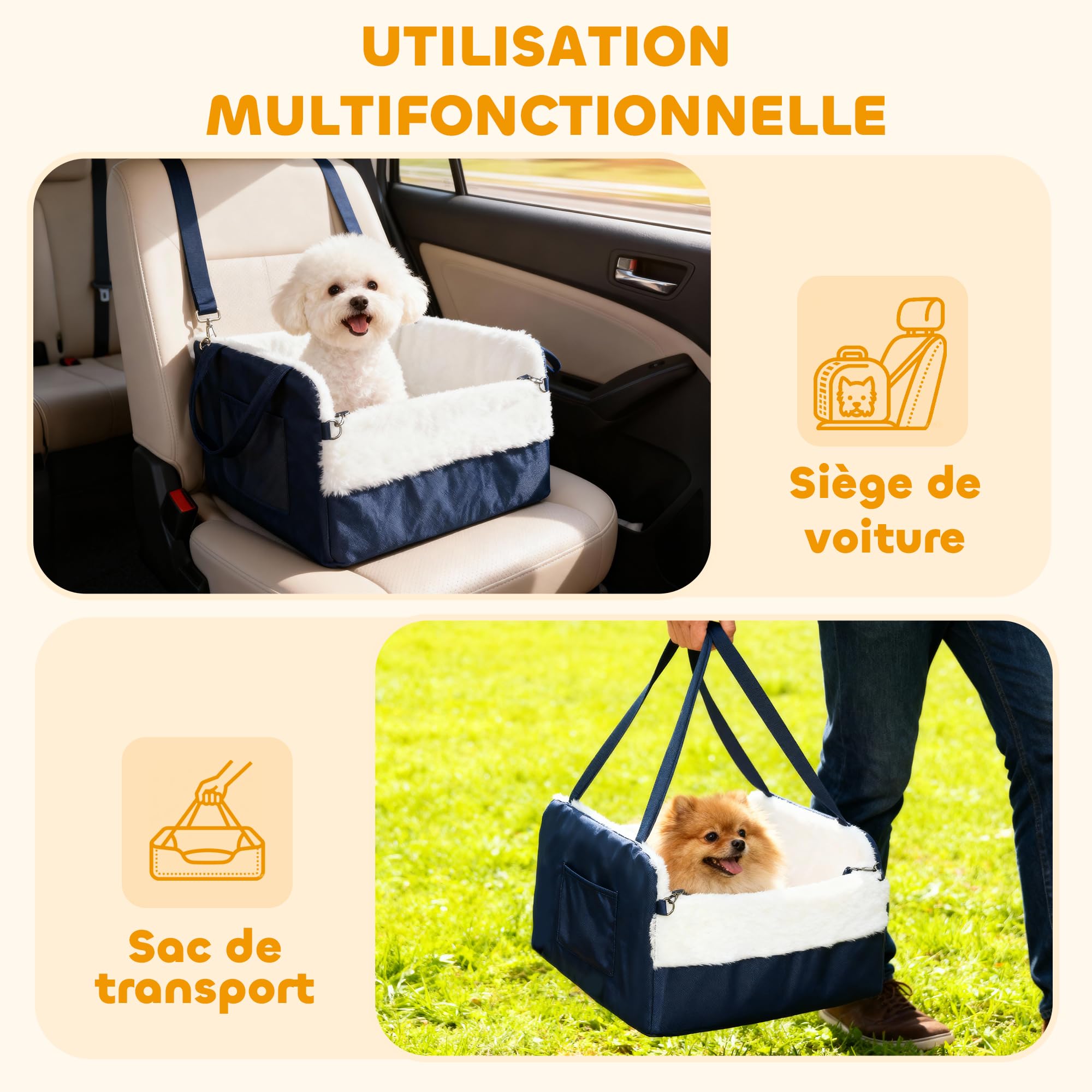 PawHut Asiento de Coche para Perros con cinturón de Seguridad y fijación, Asiento de Coche para Perros con Base Antideslizante portátil hasta 5 kg, cojín extraíble Cesta de Coche para Mascotas, Azul | Fijación, asiento de coche para perros, base antidesli