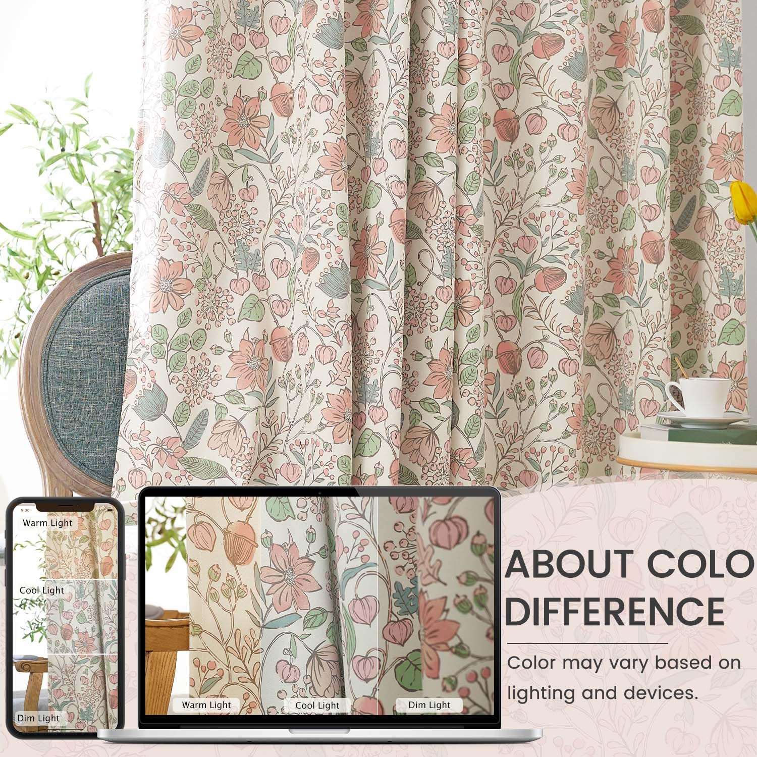 Vangao Lot de 2 rideaux occultants à motif floral pour chambre à coucher - 243,8 cm de long - Rideaux de campagne française rose pour enfants - Imprimé toile - Rideaux de ferme à isolation thermique