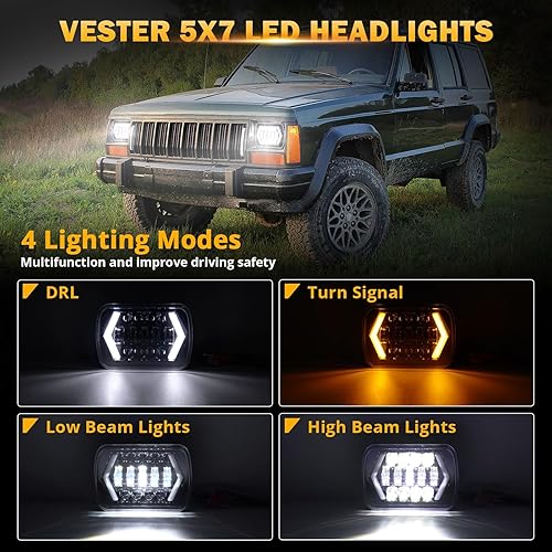Miniatura 2 de VESTER Faros delanteros LED de 5 x 7, 170 W, 7 x 6 con luz DRL de haz alto y bajo, rectangular, H6054 5054, compatible con Jeep Wrangler Cherokee XJ