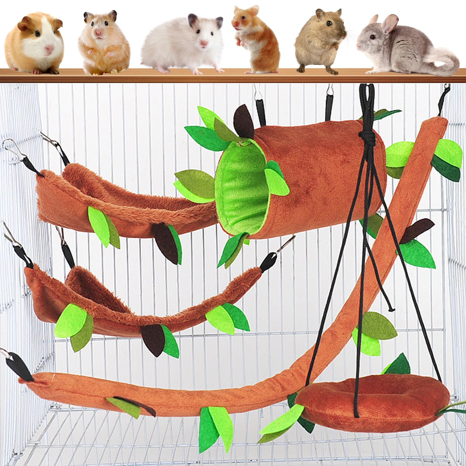 Cooyeah Hamster Hamster, 5 piezas Hamster Dormir Nido Colgante Túnel y Swing para Azúcar Glider Ardilla Jugar Dormir, Azúcar Glider Juguetes Hamster Swing,Jungle Set Camas Cálidas para Animales