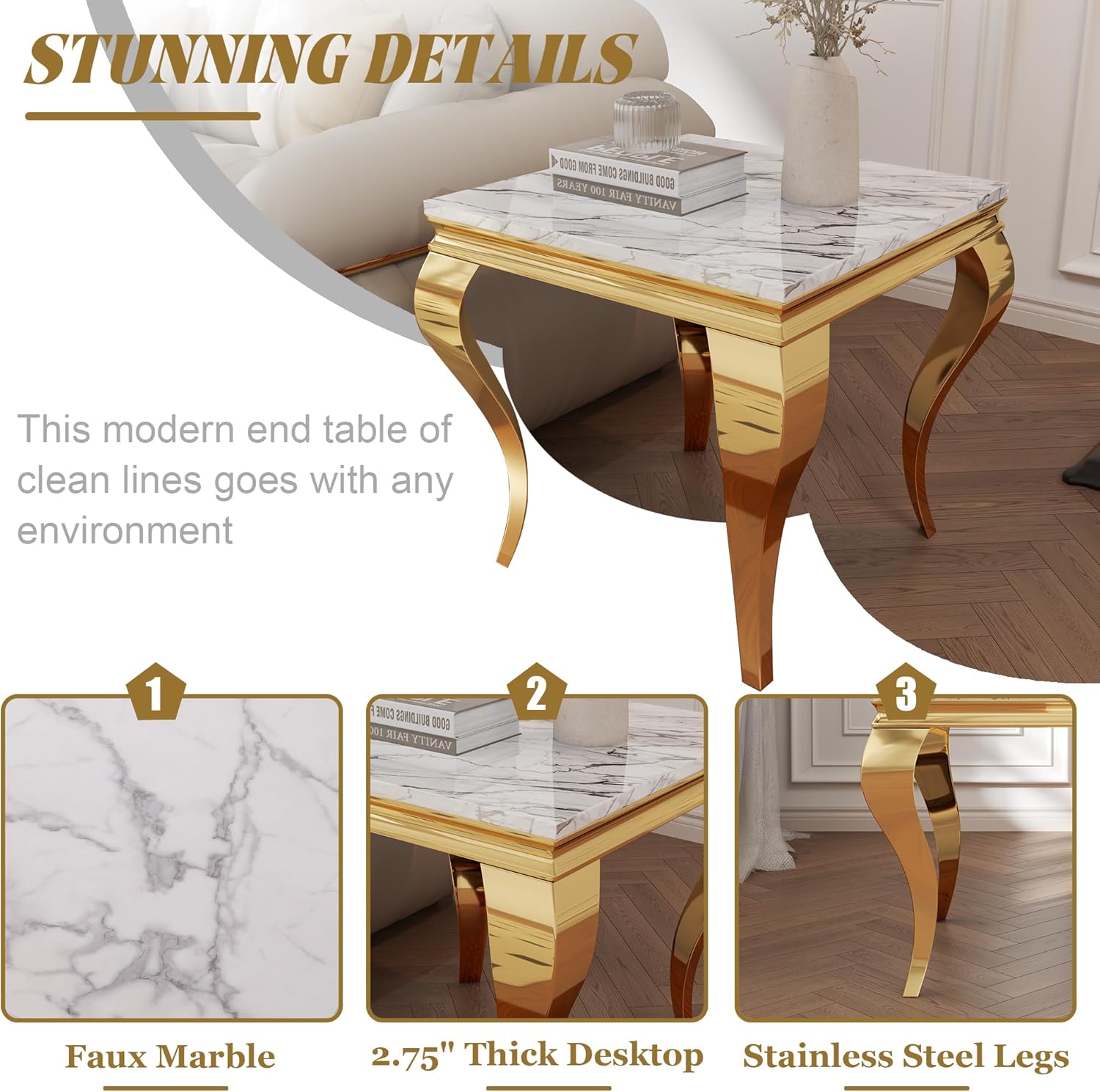 Elegant Coffee Table Set of 3, Includes 1 Coffee Table & 2 End Table, Modern 3 Piece Living Room Table Set with White Faux Marble Top and Gold S-Shaped Stainless Steel Legs