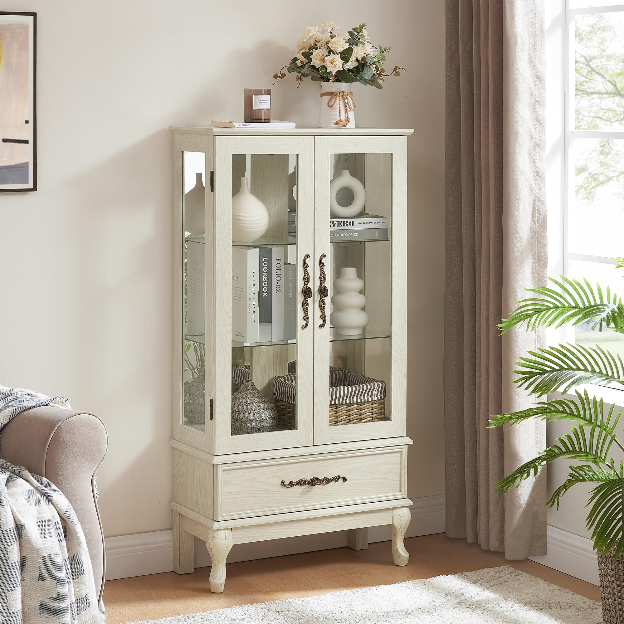 TRJQBCC 51"H Lighted Curio Display Cabinet with 2 Doors & 1 Drawer, Wooden Glass Curio Showcase w/ Adjustable Shelves & Mirrored Back Panel, Storage