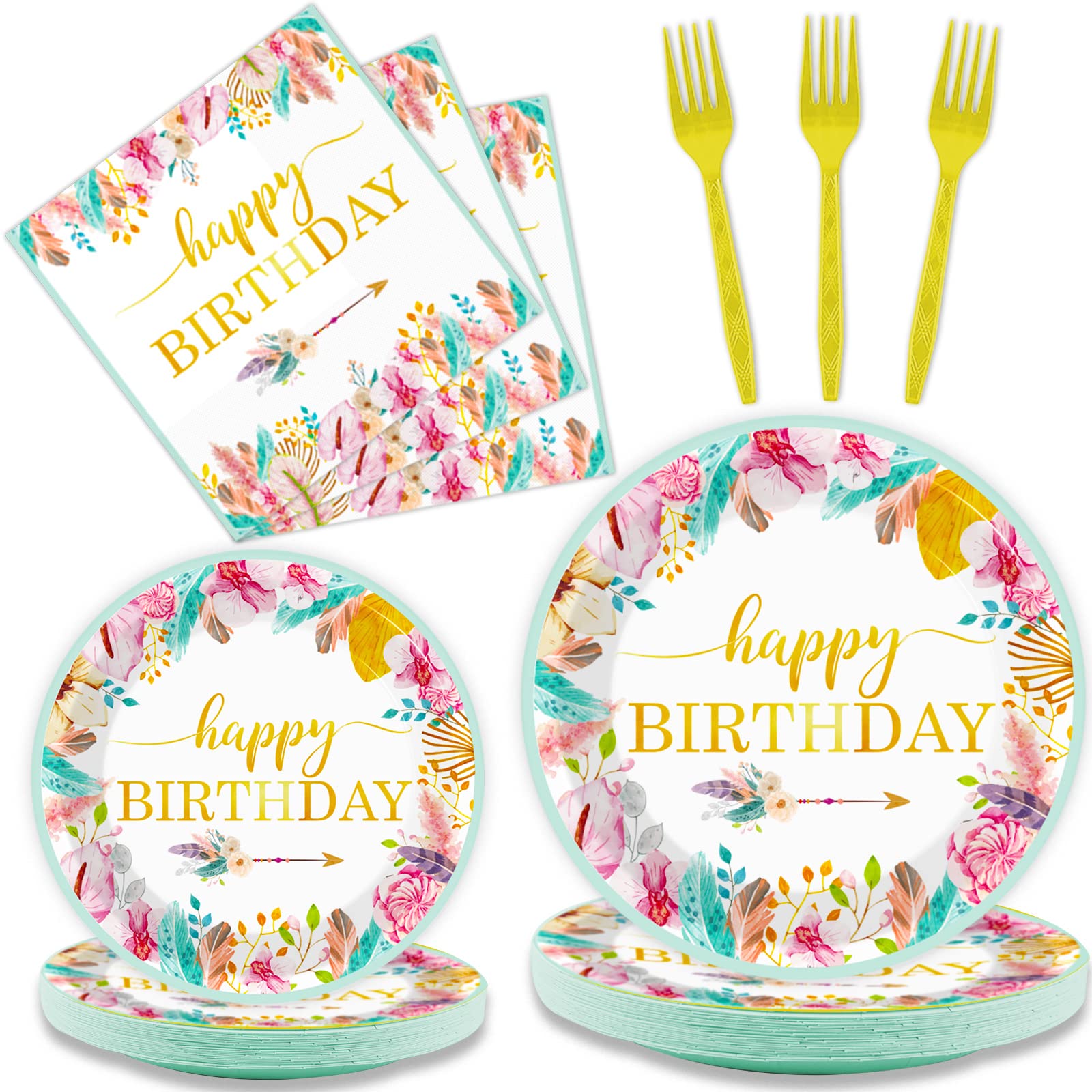 Tevxj 96 Pieces Happy Birthday Party Plates Napkins Boho Decorations Gold Metallic Tableware for Boys and Girls Happy Birthday Dessert Plates Napkins