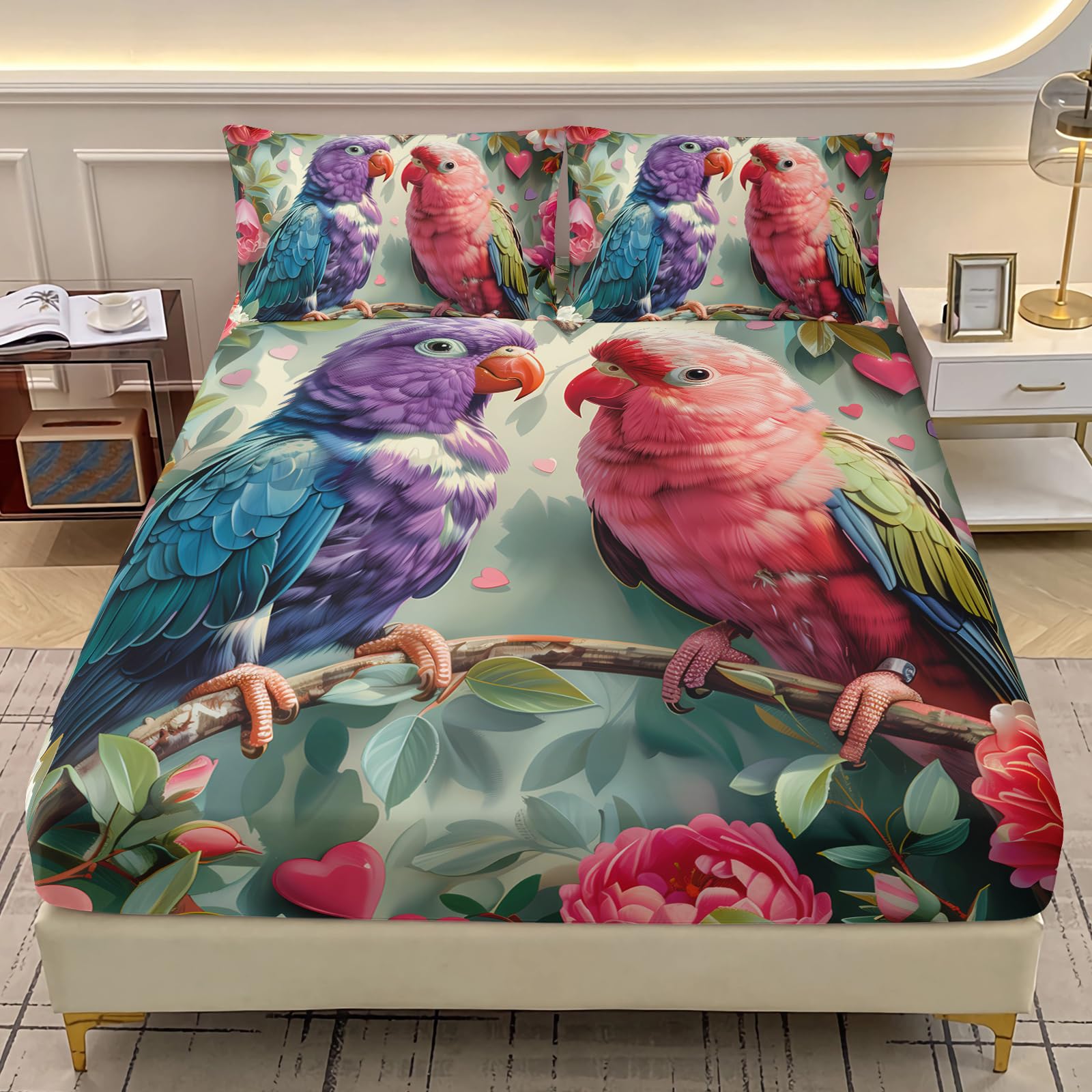 AILONEN Kawaii Parrot Fitted Sheet Set Queen Size, 3D Rose Floral Bedding Set for Kids Teens Adults,Purple Pink Bird Bed Sheet Set,1 Fitted Sheet + 2