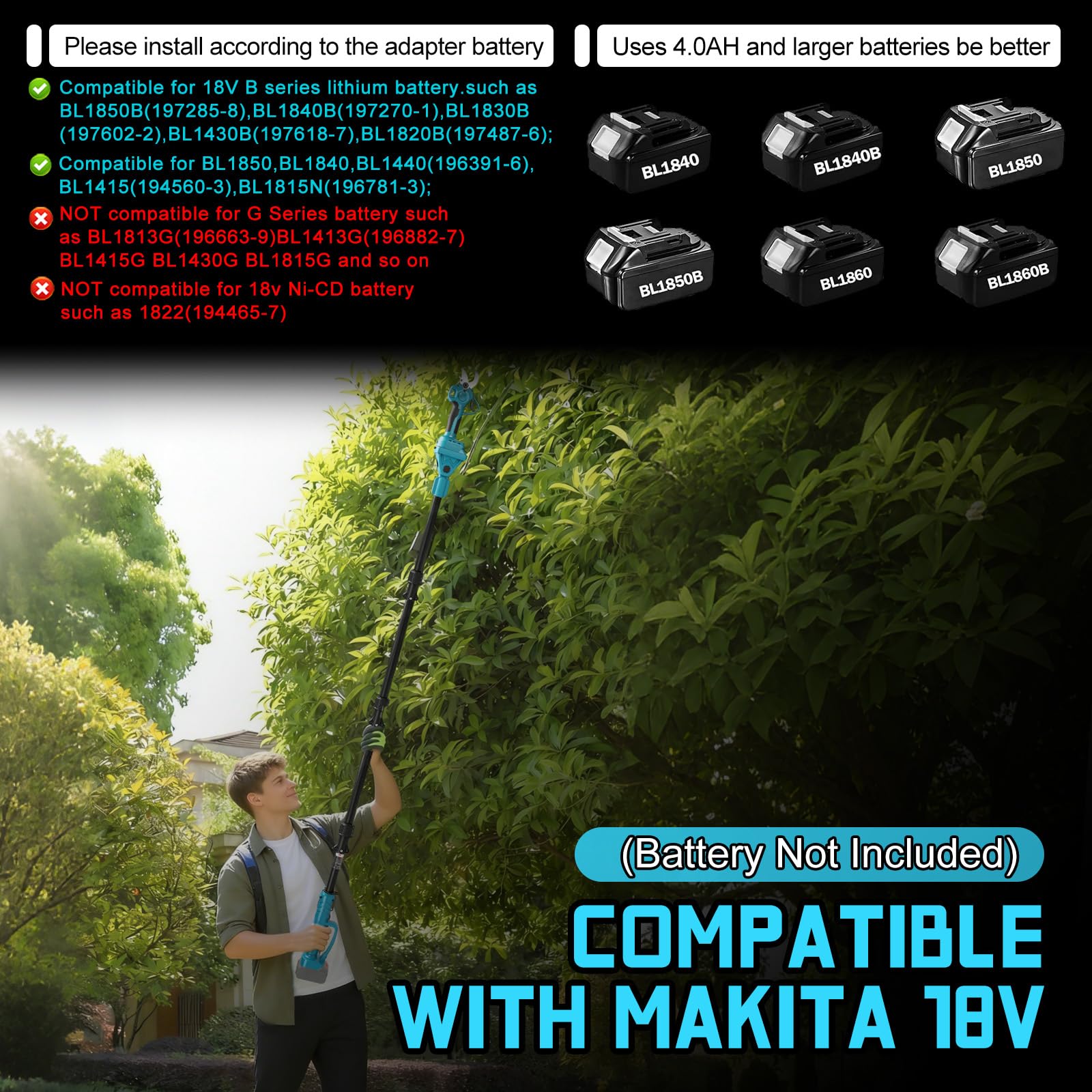 Tijeras de Podar Eléctricas 2 en 1 con Pértiga compatible con Makita 18 V baterías, Tijeras de podar Corte de 15-35 mm, Palo Telescópico 2M, Jardinería y Poda para Árboles (sin batería) | Tijeras de podar eléctricas sin escobillas, corte de 15 – 35 mm, pa