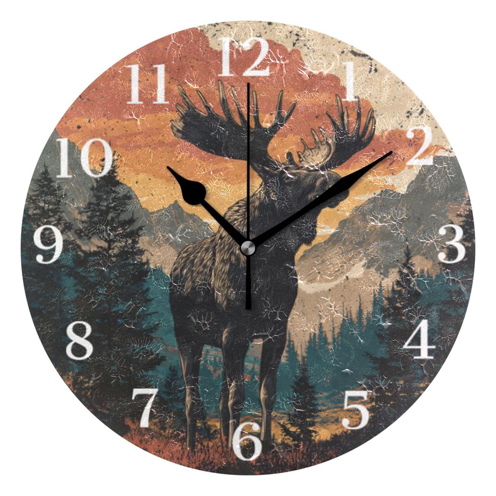 Ensound Moose in Forest Vintage Wall Clock Silent Non-Ticking Battery Operated Clocks 12 Inch for Kitchen Home Living Room