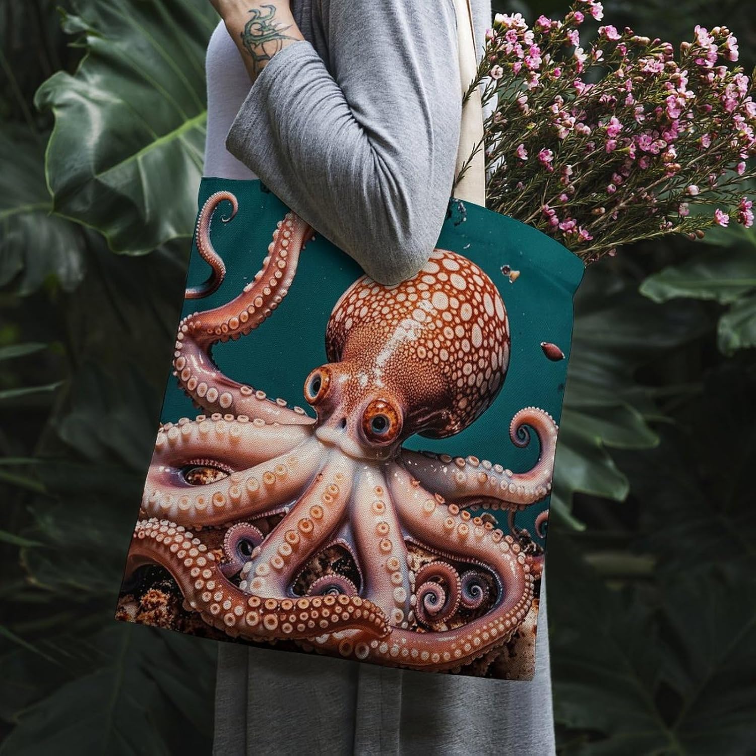 Octopus Pattern Ocean Canvas Tote Bag Reusable Grocery Bags Foldable Soft Cotton Shoulder Carry Bag