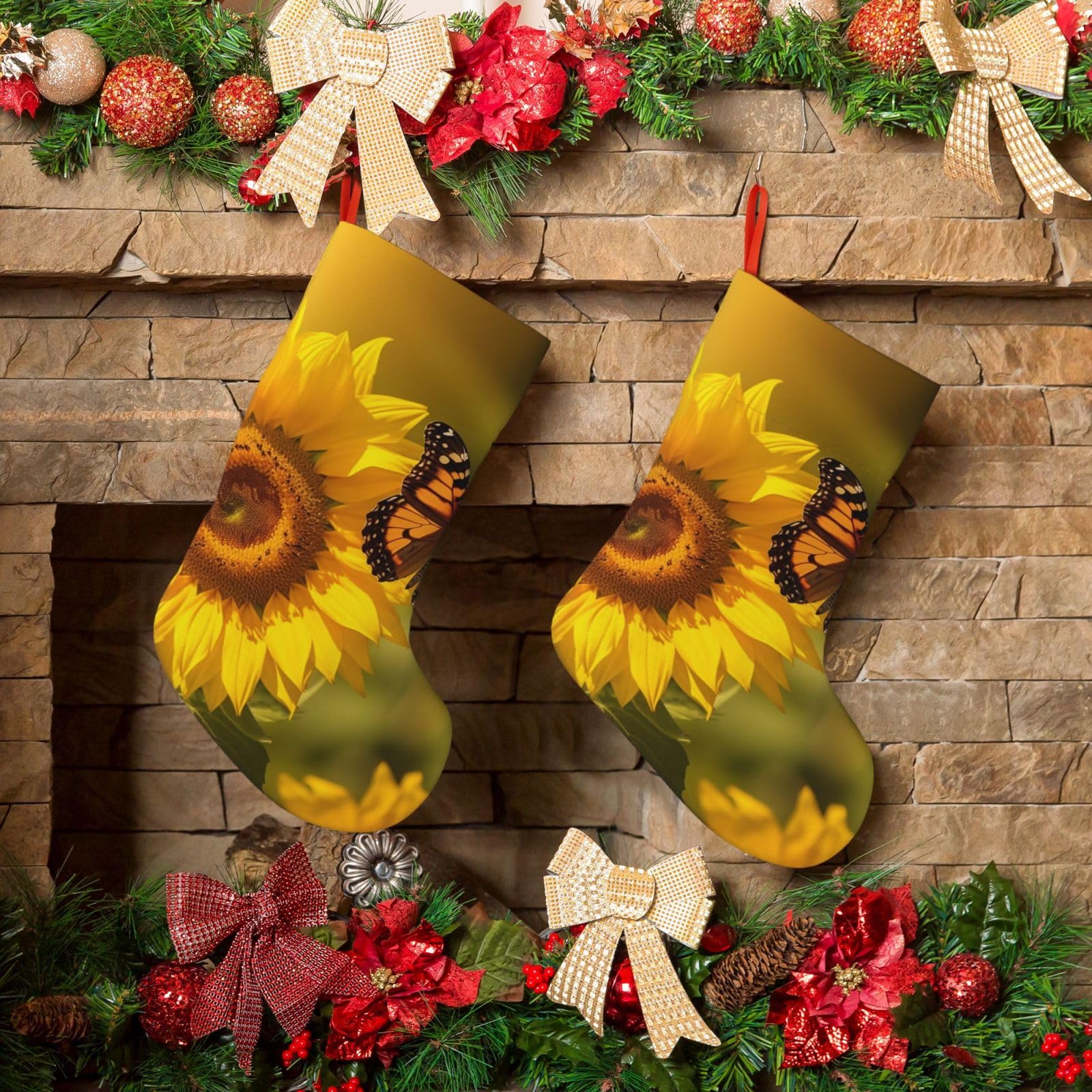 Sunflower Butterfly Sunny Christmas Stockings 18 Inches Velvet Xmas Fireplace Hanging Stocking Rustic Christmas Santa Stockings for Home Christmas Decorations Party Favor Supplies