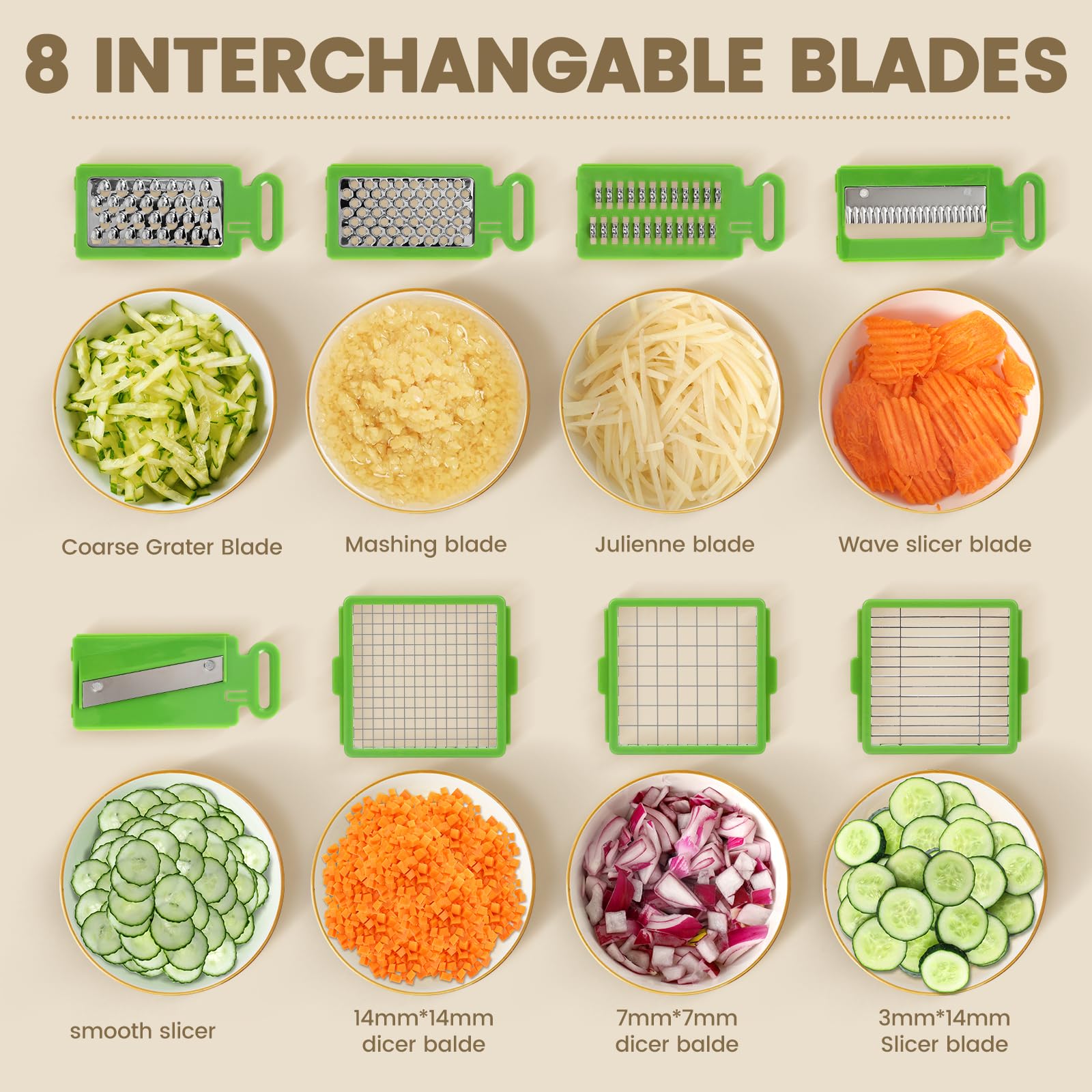 Picador de verduras con 8 cuchillas - Picador de cebolla 16 en 1 con contenedor, espiralizador de verduras de cocina, artículos esenciales para el hogar - Accesorios 6