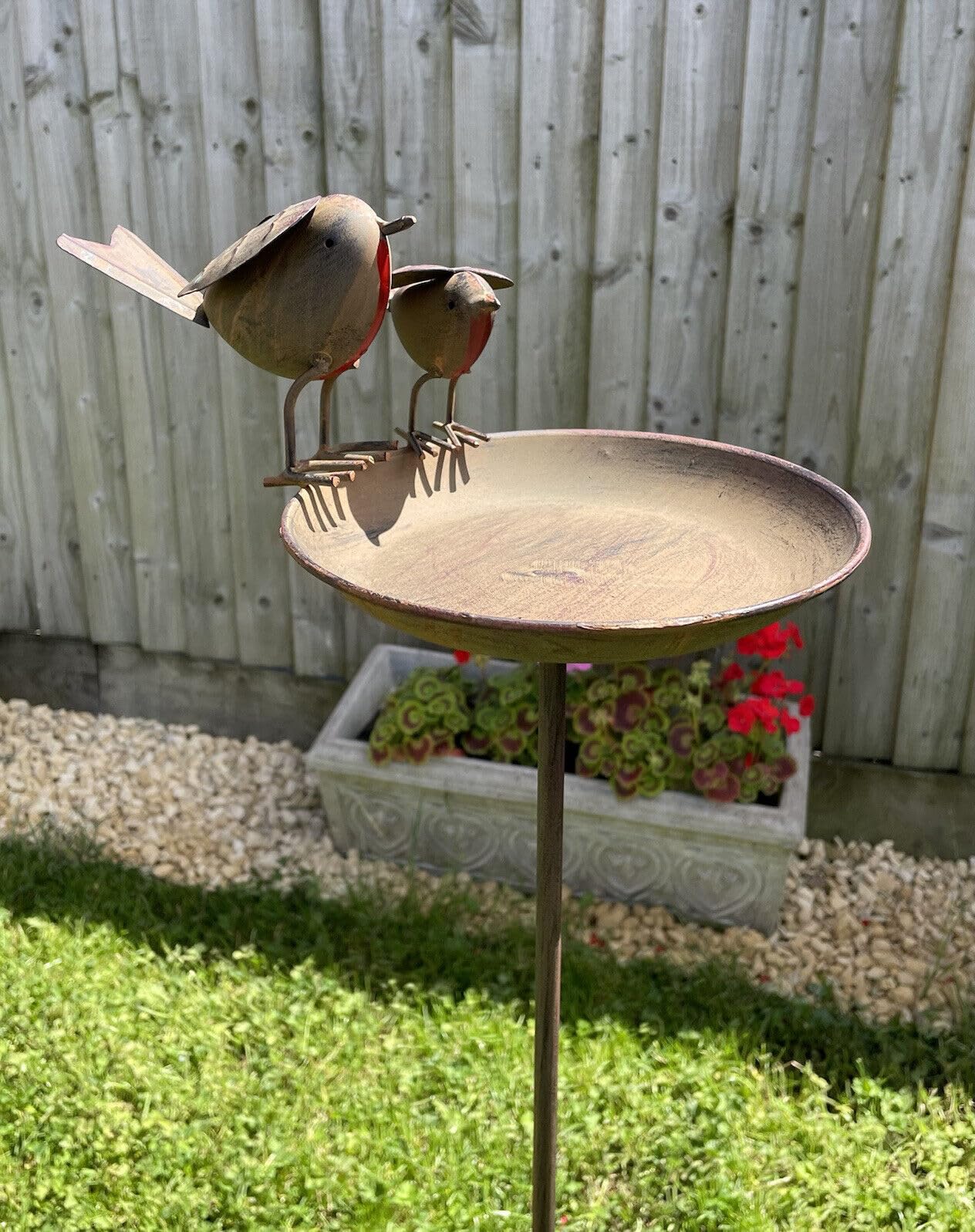 Burgess Home & Garden Brown Duo Robin Bird Bath On Tall Spike | Metal British Garden Bird Statue Ornament