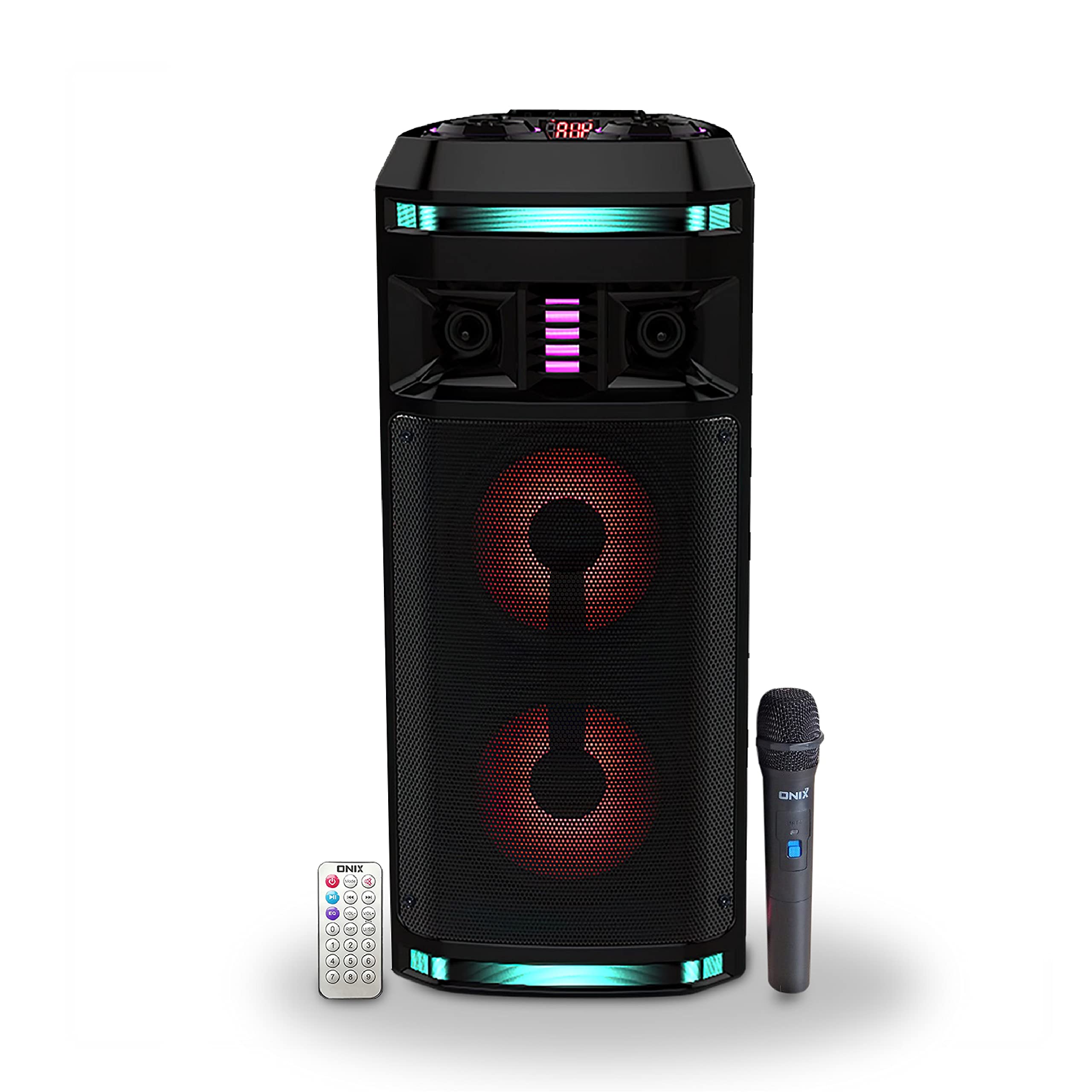 ONIX enthusing generations OPS-20 W Multimedia Rechargeable Portable Outdoor Speaker with USB/TF/FM/AUX/Remote/Bluetooth/Wireless Mic & LED Light(Black)