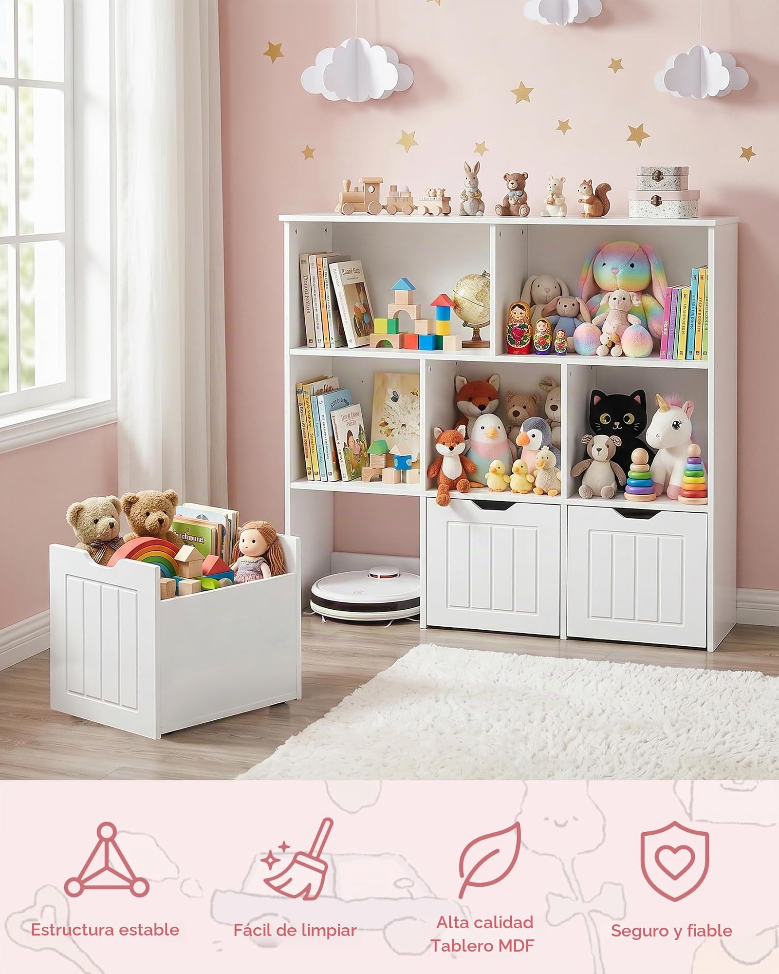 Estanteria Infantil con 5 Compartimentos, Organizador de Juguetes con 3 Cajones, Mueble Almacenaje Juguetes, Librería Montessori, Estante para Niños, Blanco 100x33x89.5cm