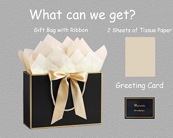 YoungTree Gift Bags with Handles, 12.6 Medium Gift Bag with 2 Tissue Paper and 1 Card for Graduation Wedding Baby Shower Bridal Shower Engagement Birthday Party Supplies (Black-Gold)
