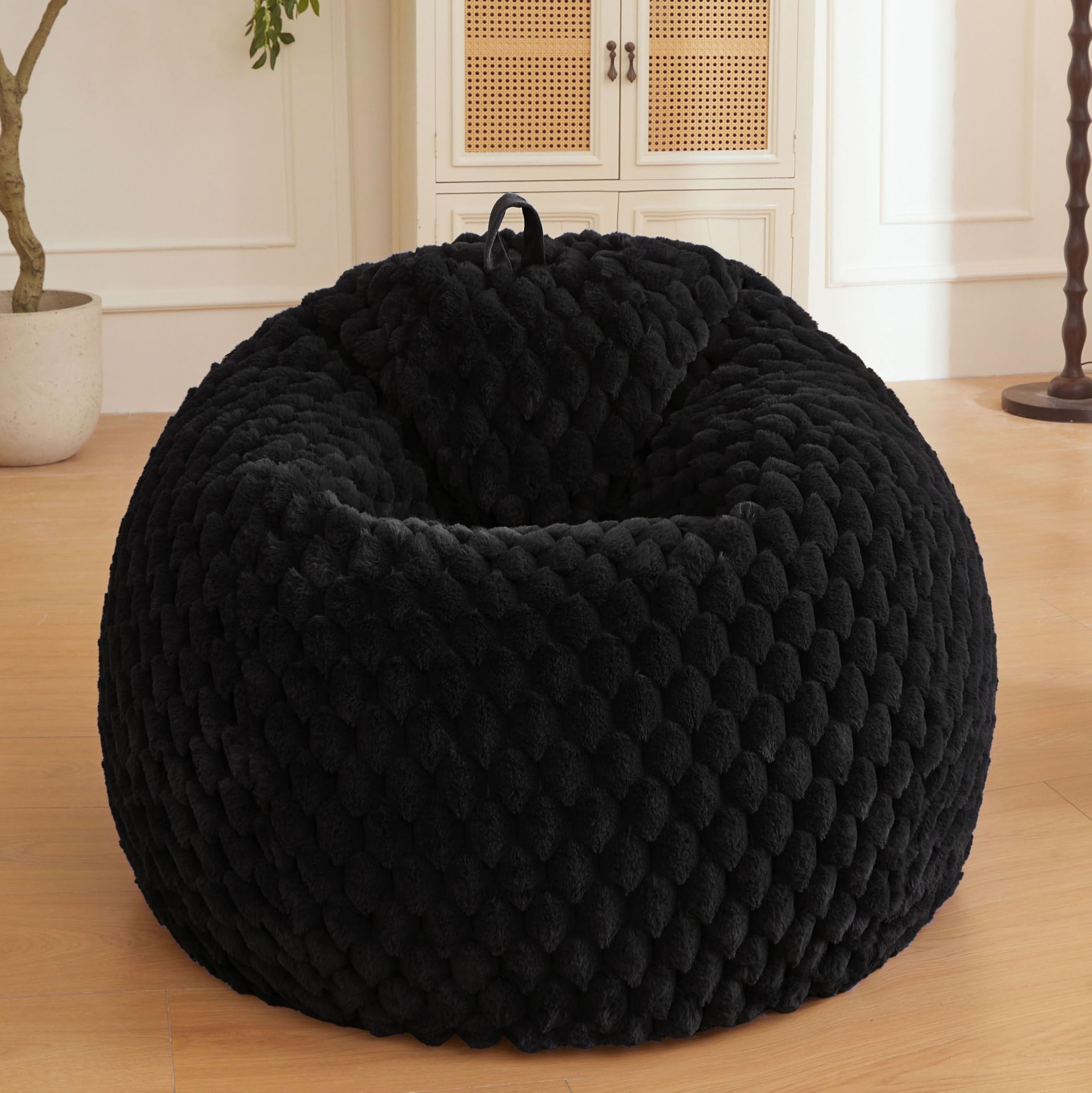 XeGe Flauschiger Sitzsack-Bezug ohne Füllung, Kaninchenfell-Imitat, Schwarz