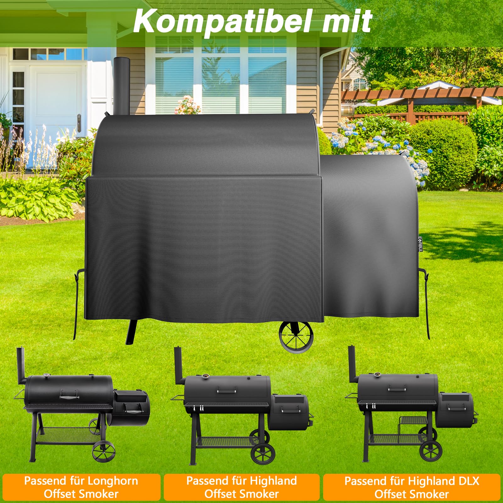 EVRBUL Raucherrahmenabdeckung Kompatibel mit Oklahoma Joe's Longhorn Highland Offset Smoker, Außenwasserdichte Grillabdeckung, Heavy Duty 420D BBQ Abdeckung, 162L x 93B x 142H cm, Ersetzt # 8259969P04