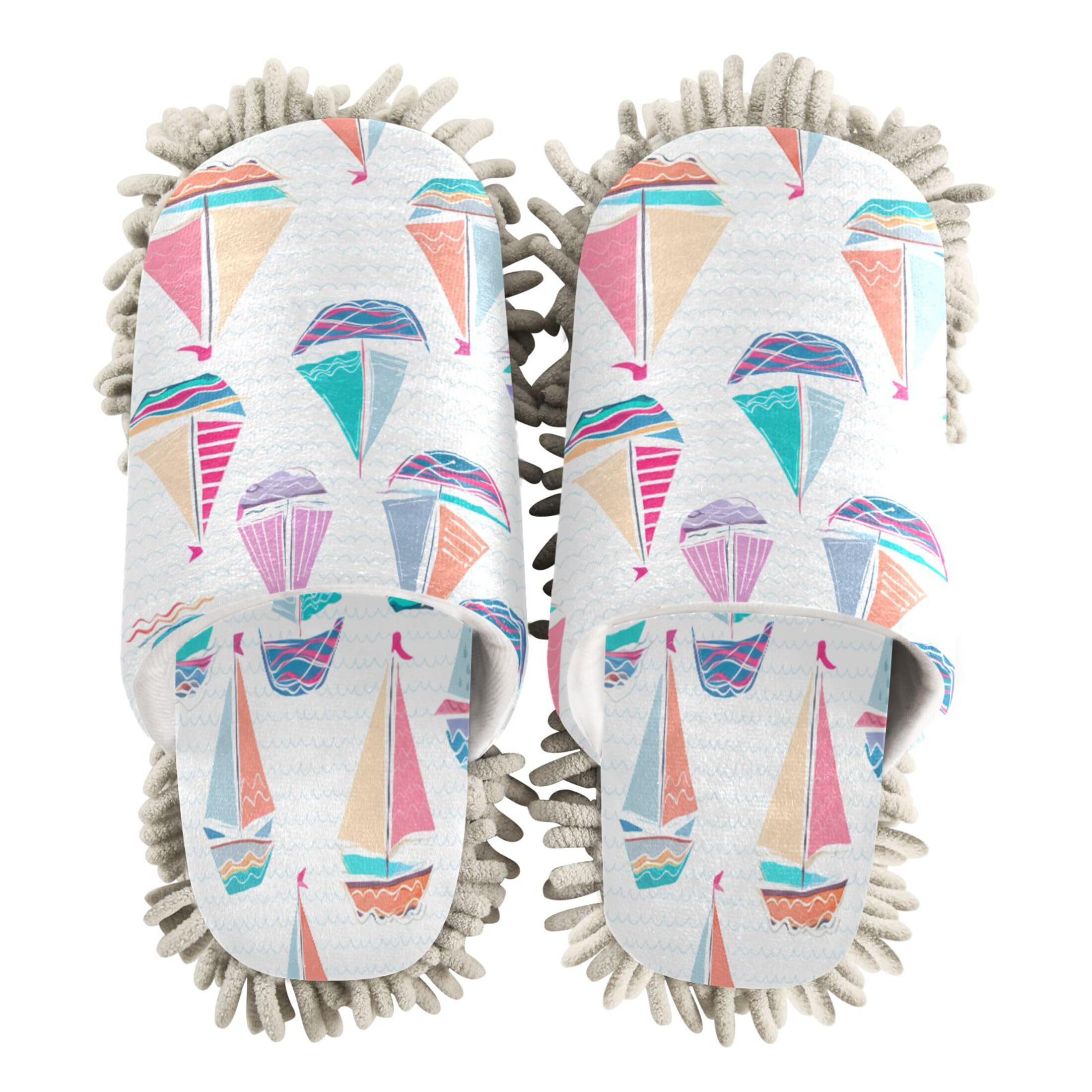 Kigai Colorful Sailboats Mop Slippers for Floor Cleaning, Slippers for Women Men, Microfiber Floor Cleaning, L