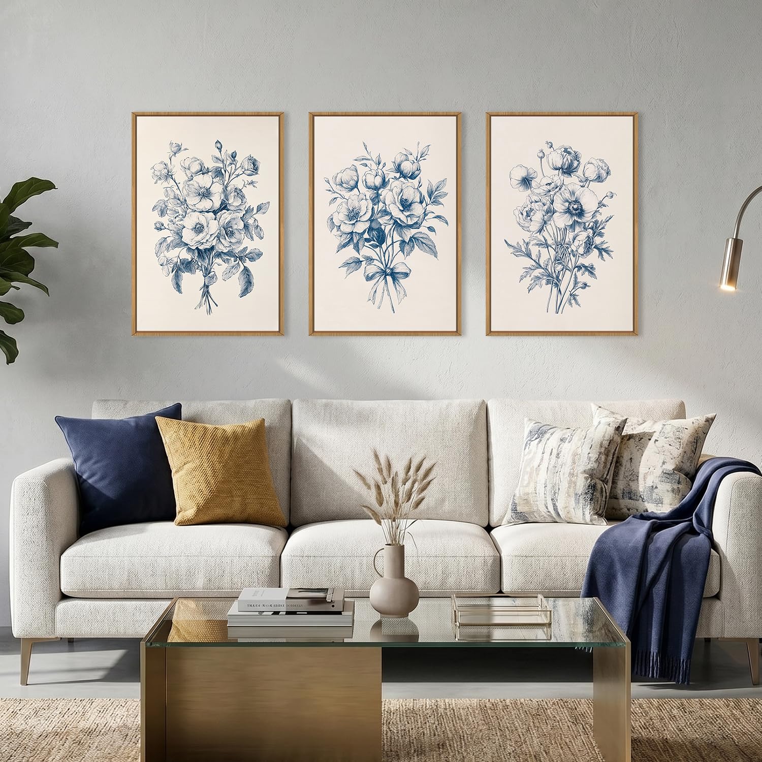 KAIRNE Navy Blue Floral Framed Canvas Wall Art Set,Vintage Botanical Flower Wall Decor,Modern Minimalist Bouquet Art Prints,Neutral Rose Artwork for Living Room,Bedroom,Farmhouse,Office-16 x24 x3