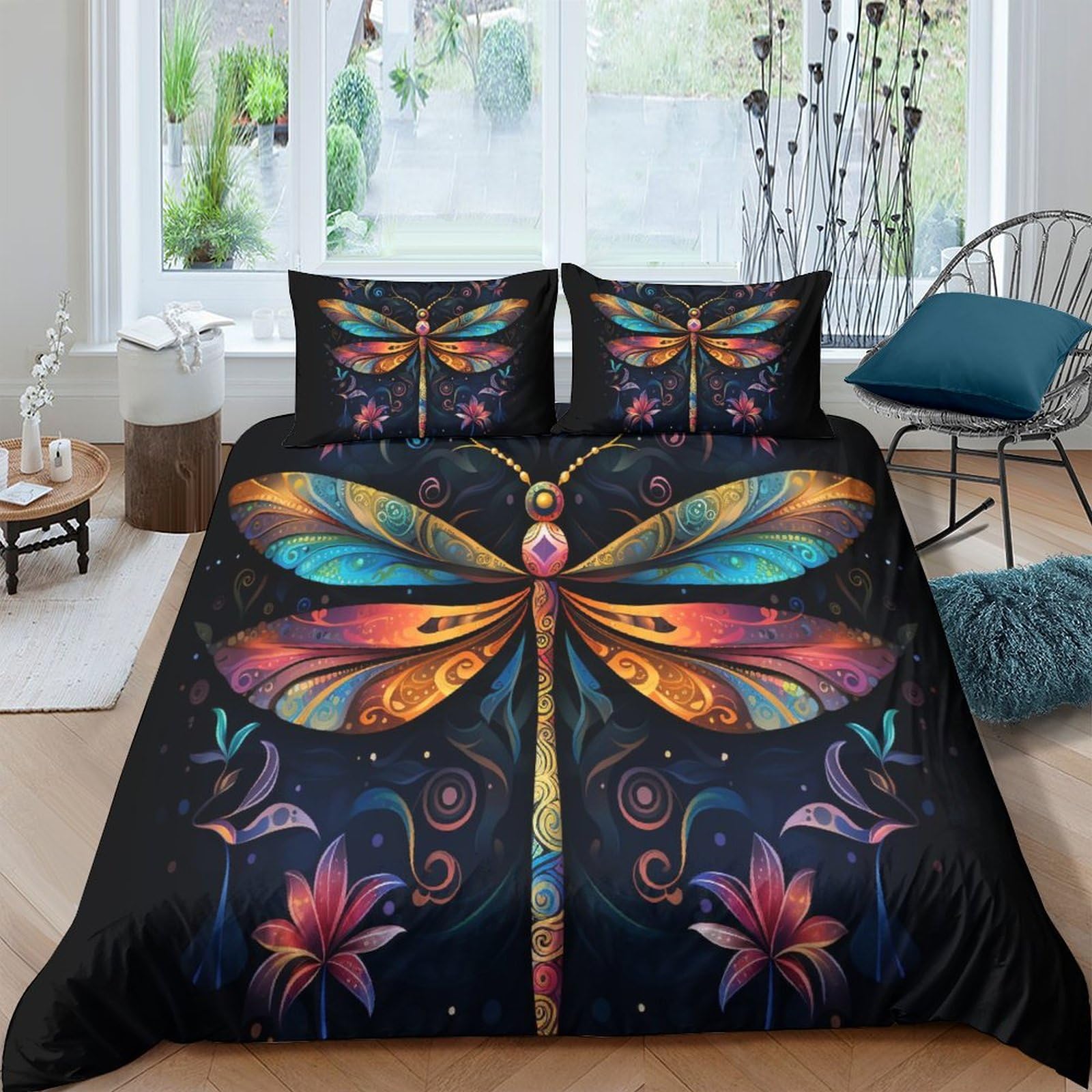 HOTGE Galaxy Dragonfly Duvet Cover Set,Star Animal 3D Bedding Set with Microfiber Pillowcases & Zipper Closure Quilt Case Printed Effect for Boy Girl Double（200x200cm）