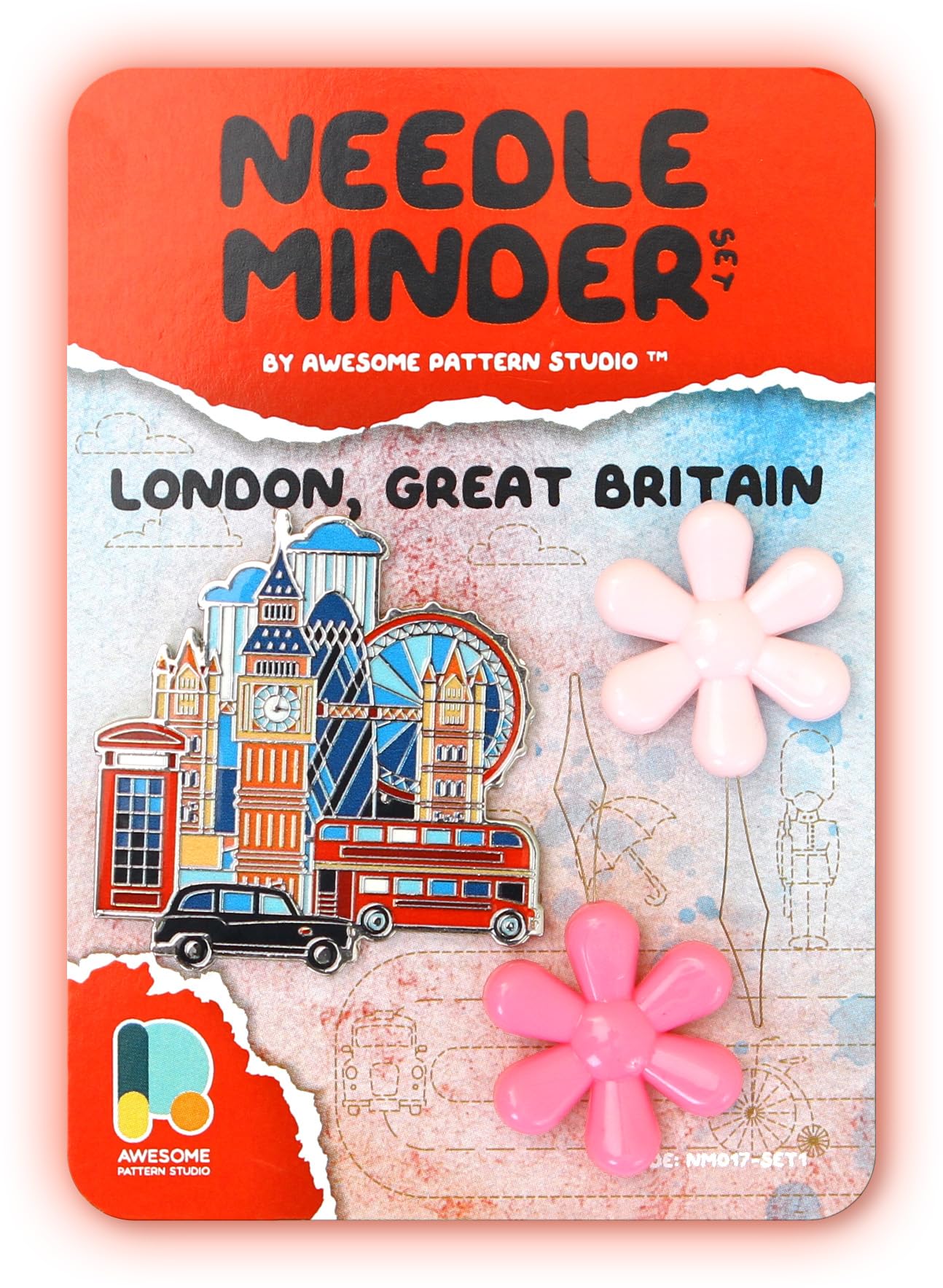 Awesome Pattern Studio Needle Minder Set – London Magnetic Needle Minder + 2 Needle Threaders. Enamel Pin for Cross Stitch, Embroidery and Craft