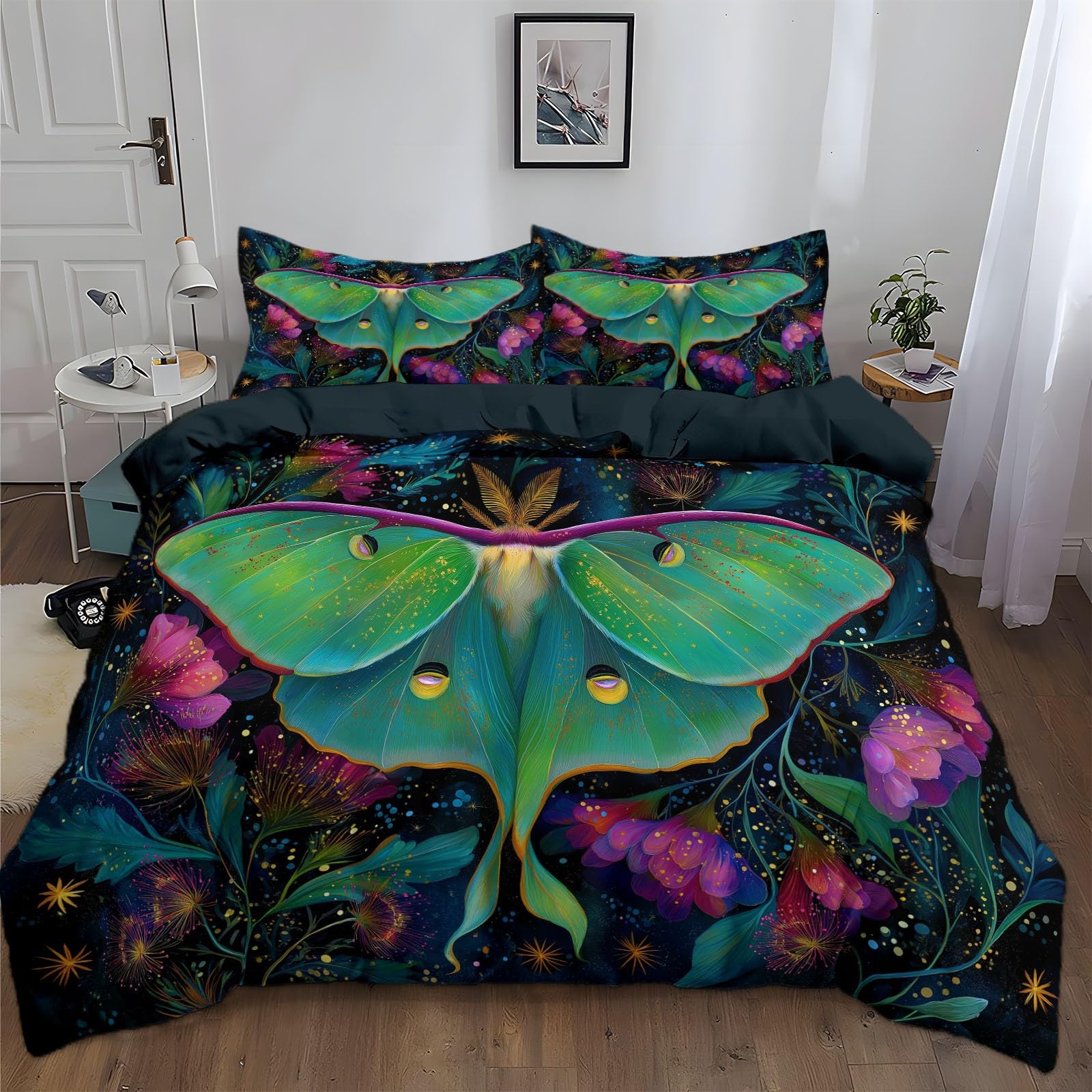 Duvet Set Premium Cot-bed 120 x 150 cm, Soft Printed Bedding Set Brushed Microfiber Duvet Cover with Pillowcases, Non Iron Luxury Bedding Sets With Zipper Closure, Dark Green, Fantasy Garden Luna Moth