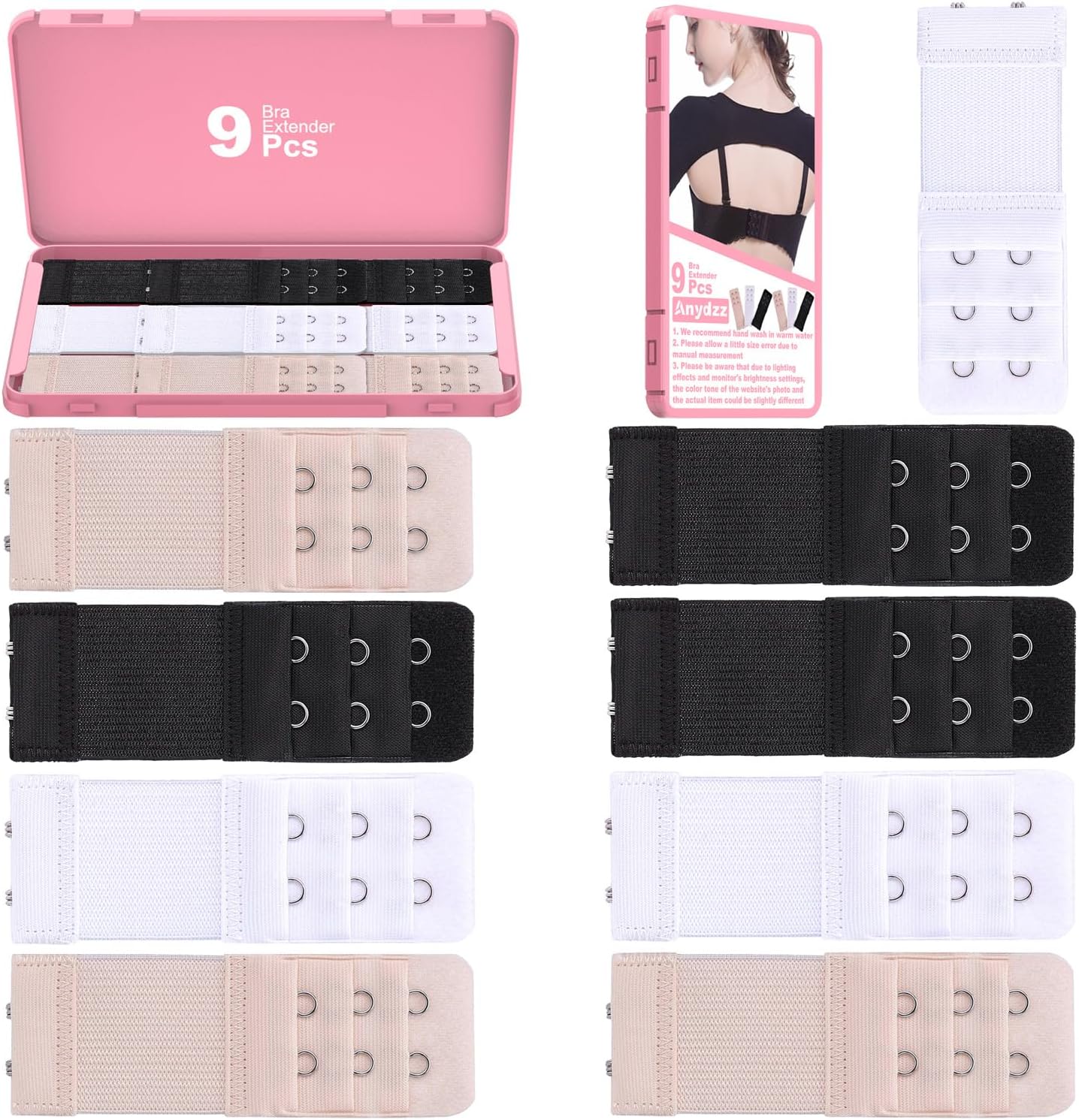 Comfortable Bra Extender, Soft and Elastic Bra Closure Extension with Storage Case for all Common Bra Models Black, White Or Beige - 2 Hook 1/2‘’ Spacing