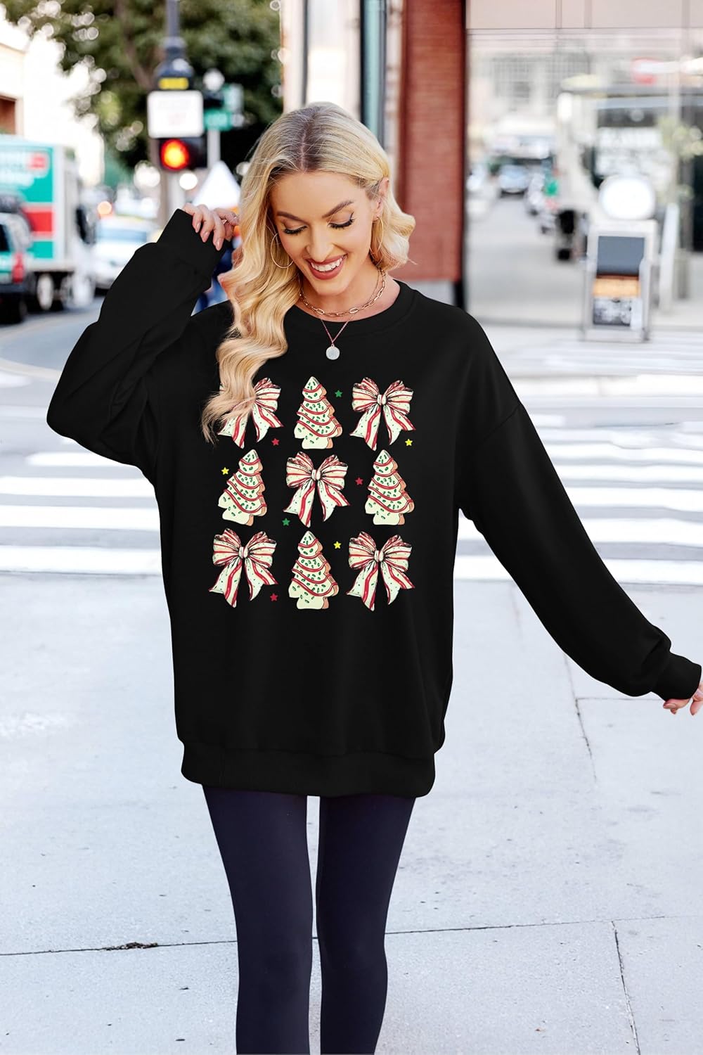 MYHALF Womens White Christmas Sweatshirt Crewneck Christmas Tree Graphic Shirts Oversized Xmas Pullover Sweater