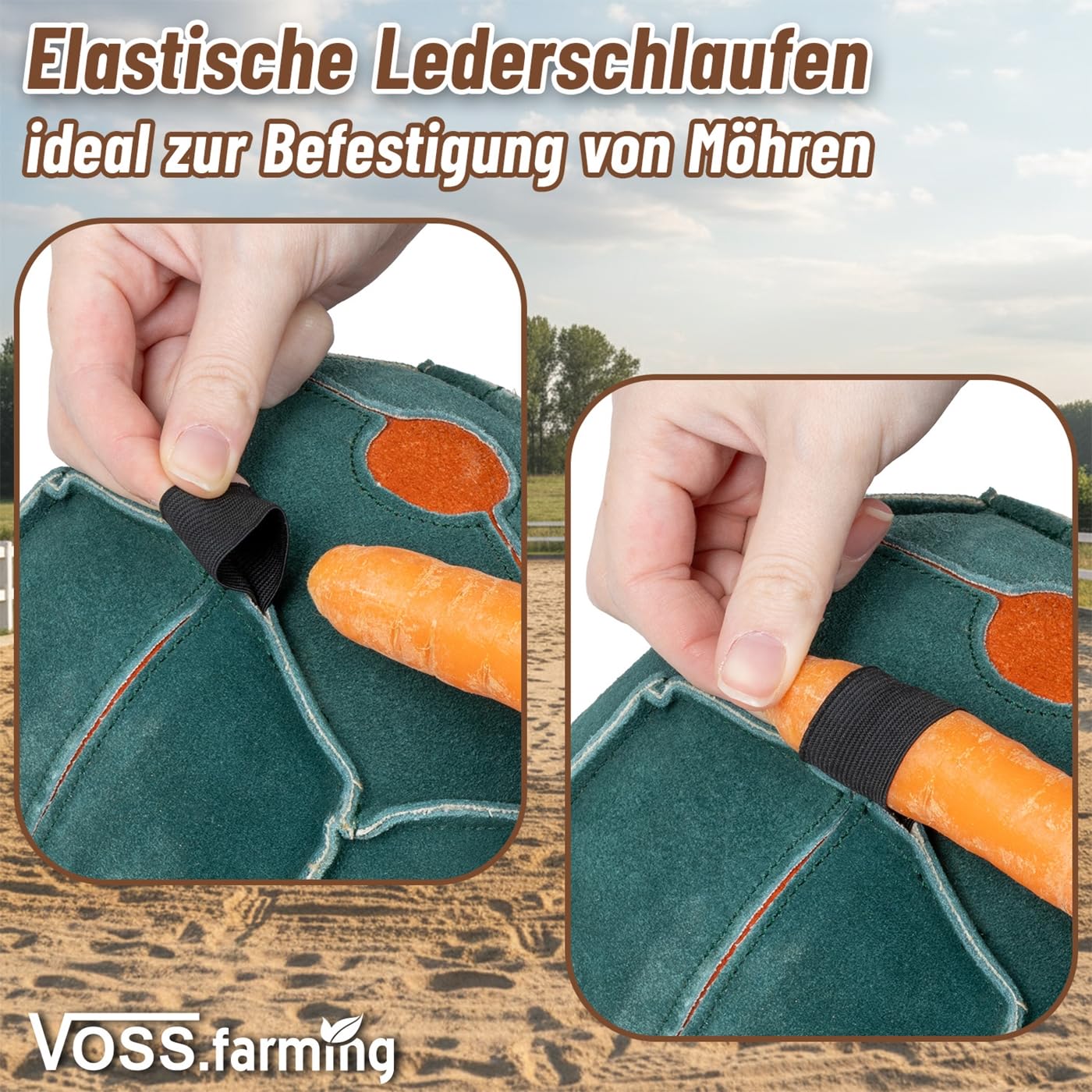 VOSS.farming 3X Pferdespielzeug Möhrenball Ø 22cm aus Leder mit Kokosfüllung für 12 Möhren