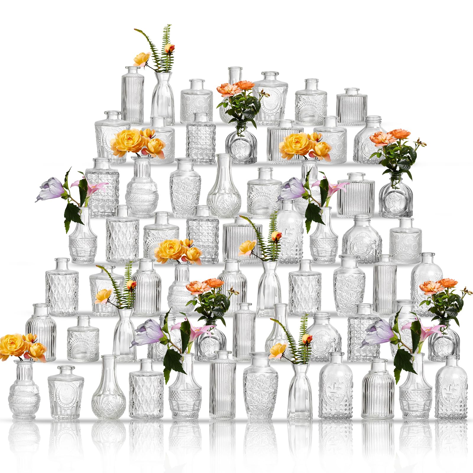 glass bud vases set of 64 - assorted small mini glass vases for flowers, crystal vintage vase set, bulk centerpieces for table décor, wedding, home and events (clear, 64 pcs)