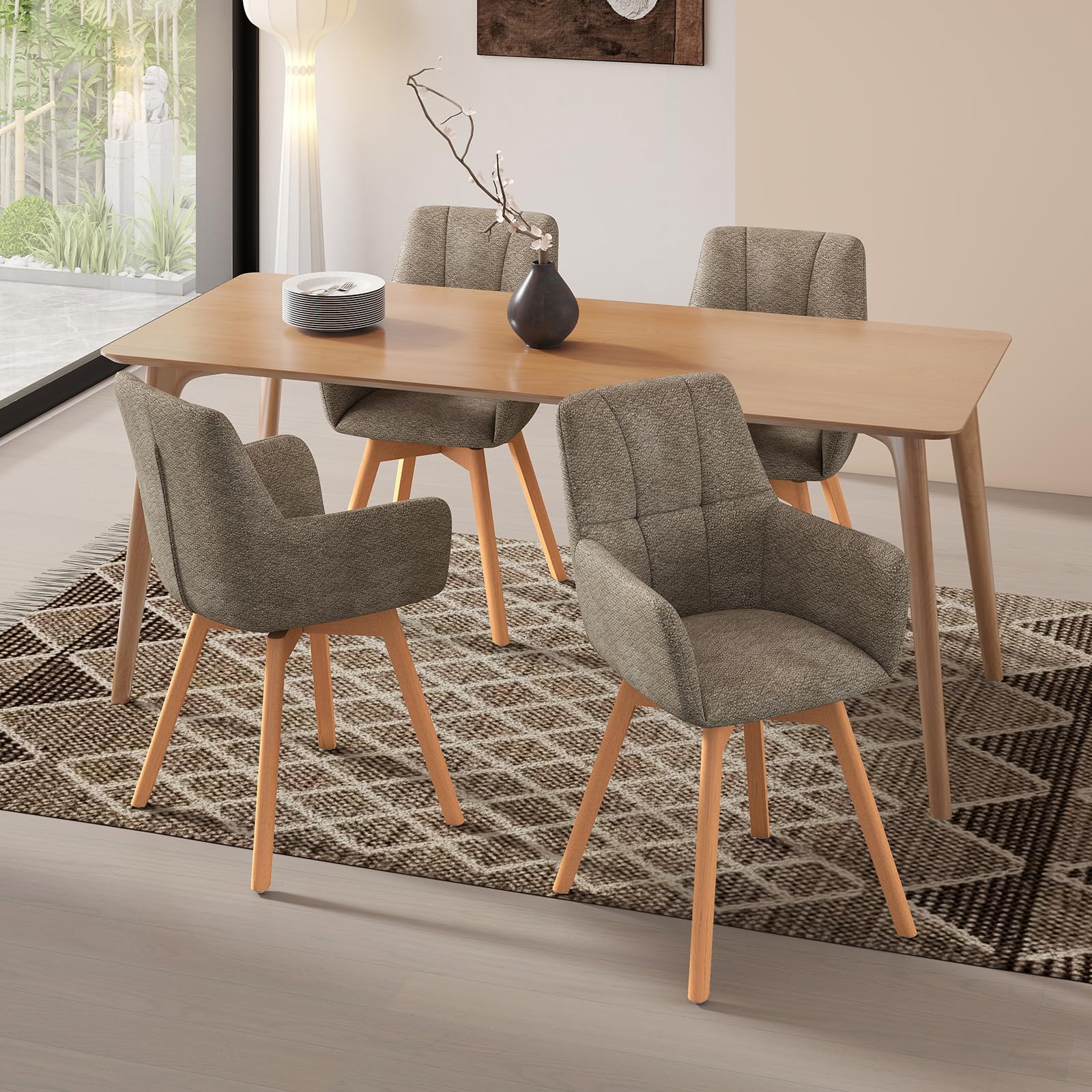 LEWE Sillas de Comedor Giratorias Juego de 6, Reposabrazos, Patas de Madera | Silla Giratoria de 360°, Silla Tapizada con Respaldo Ergonómico de Tela, para Comedor, Cocina, Salón , Marrón
