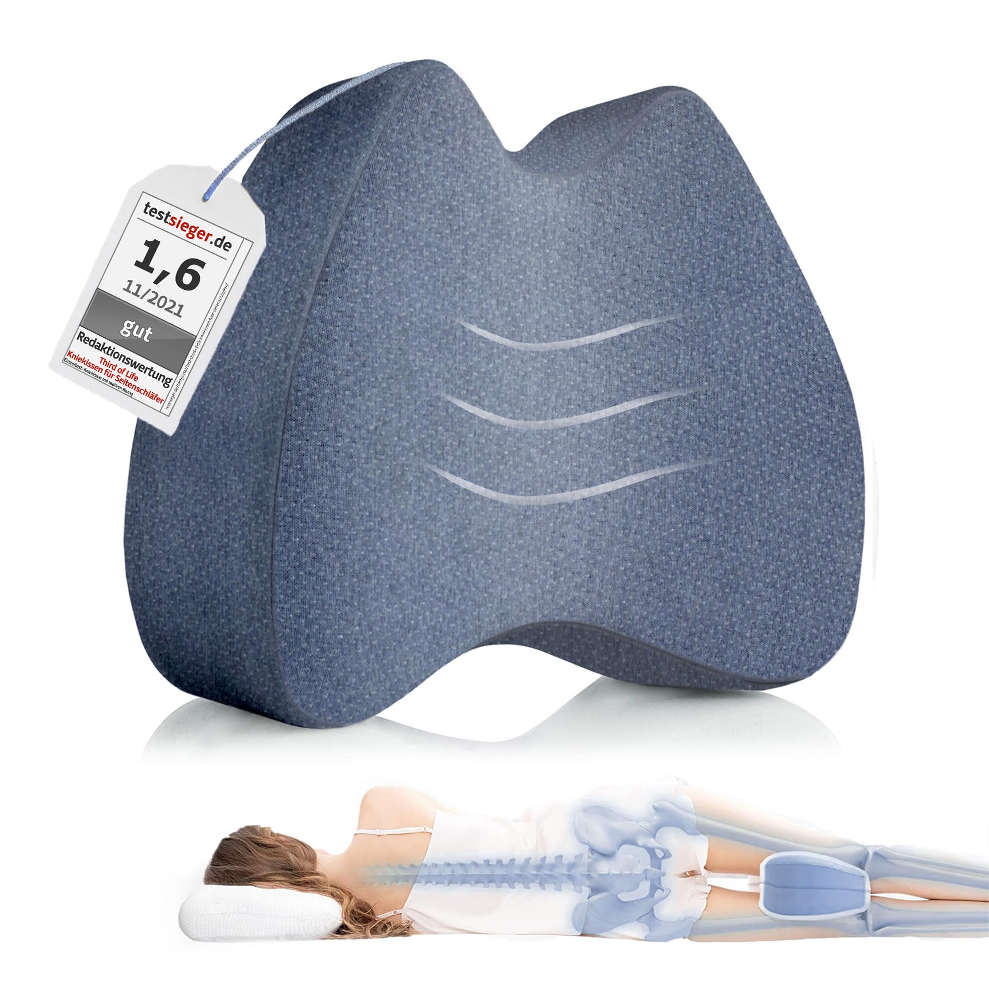 Third of Life Kniekissen für Seitenschläfer mit Thermo-Bezug, Ergonomisches Bein-Kissen für erholsamen Schlaf, Lagerungskissen aus visco-elastischem Memory-Foam, Schnelltrocknend & Atmungsaktiv