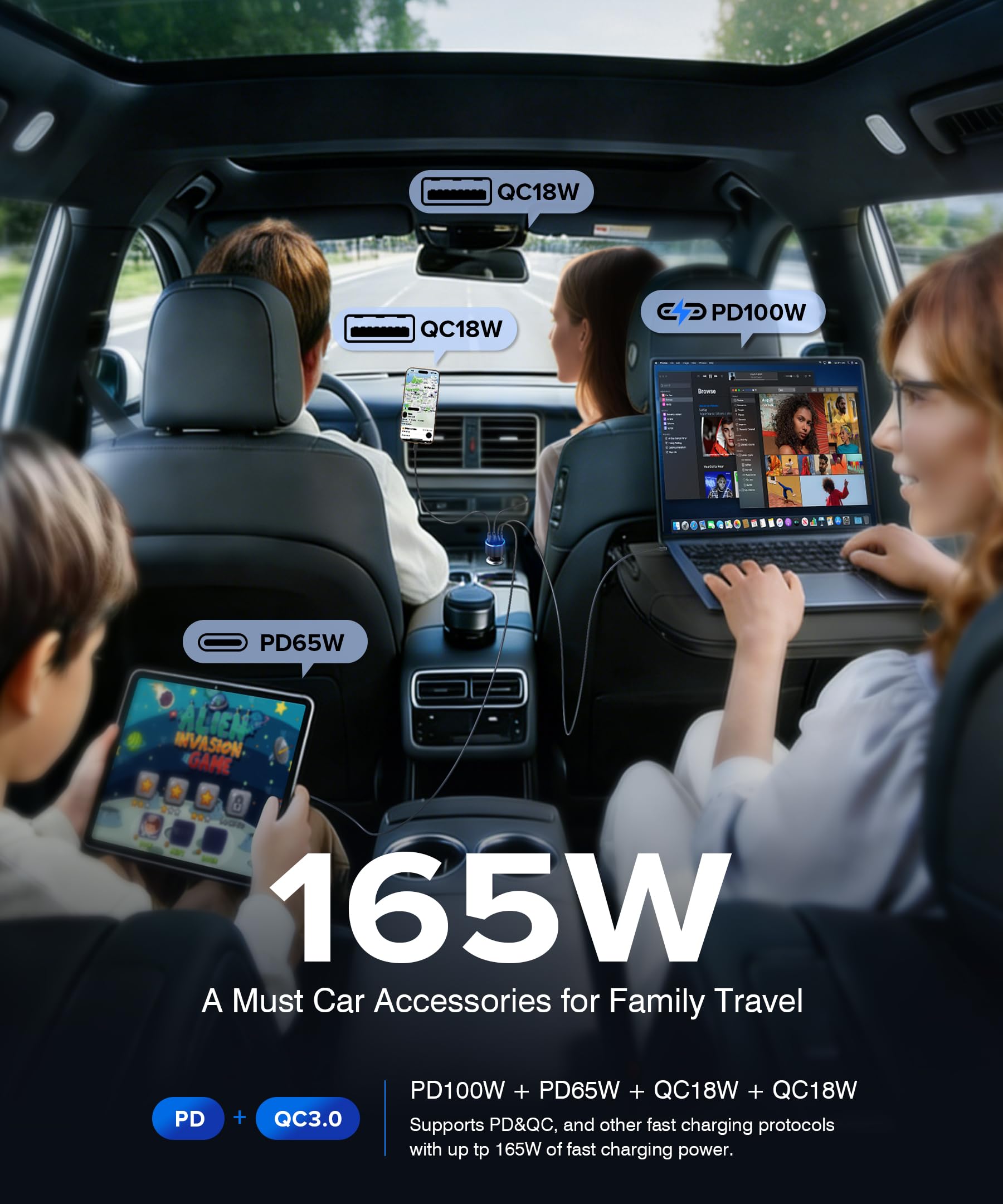 Caricabatteria da auto USB-C 4 in 1, adattatore per accendisigari a 4 porte super veloce, supporta la ricarica rapida PD/QC, compatibile con iPhone 17/16/15, iPad, Samsung Galaxy e altri dispositivi