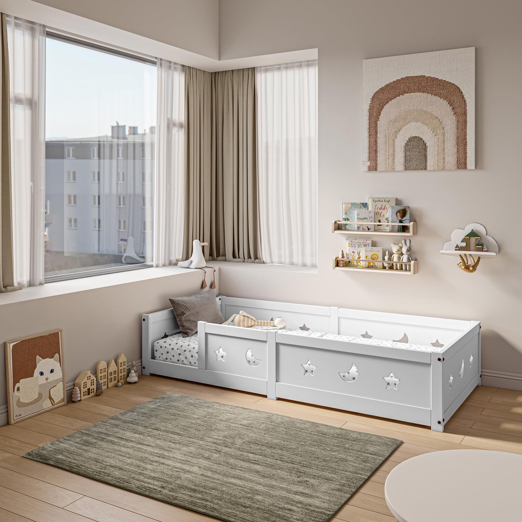 Lettino Montessori, 90 x 200 cm, letto a pavimento in legno, per bambini, con protezione anti-caduta, adatto per ragazzi e ragazze (bianco 1, 90 x 200 cm)