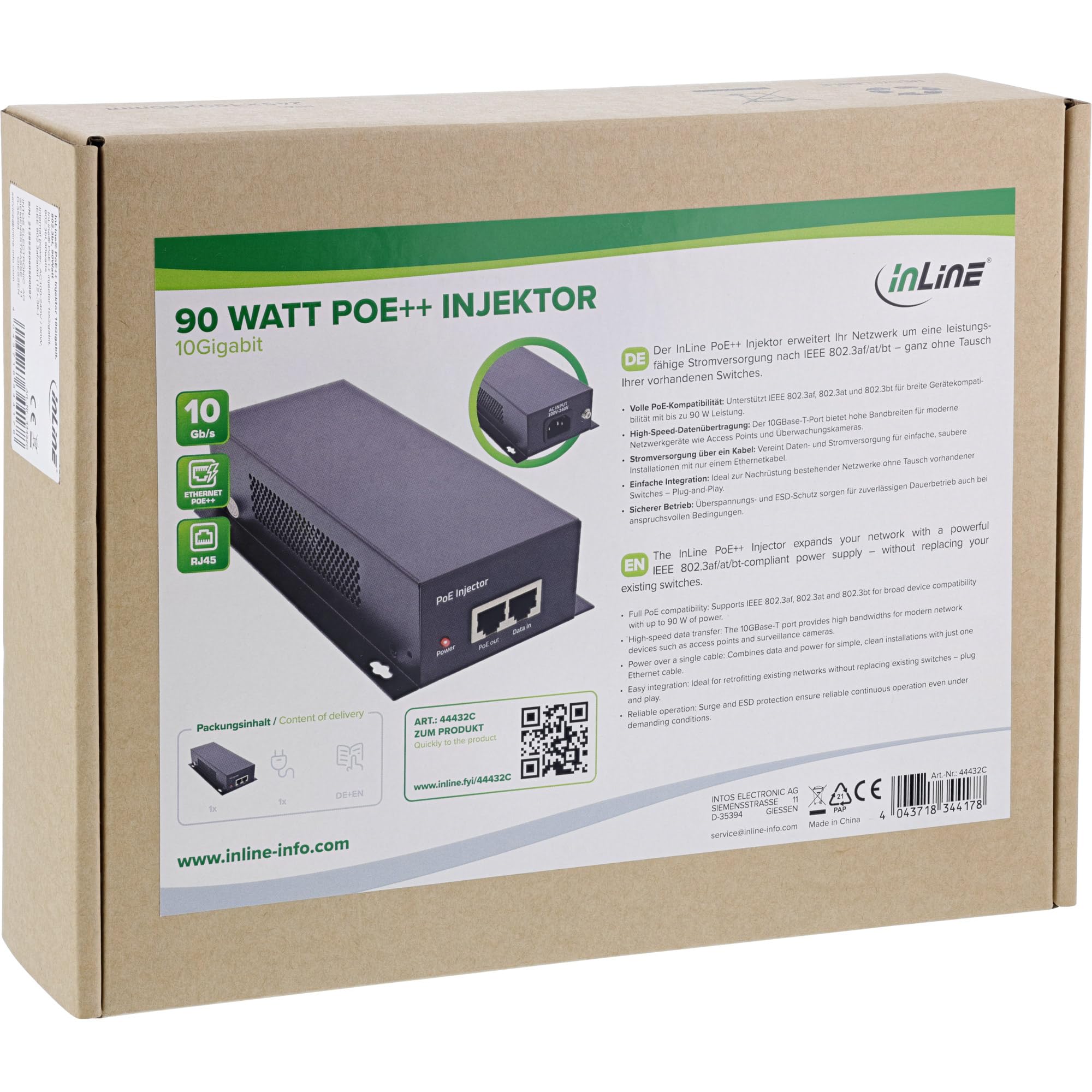 Inline Injecteur PoE++ 10 Gigabit 802.3bt/at/AF Max 90W pour caméras IP, Points d'accès, Mise à Niveau du commutateur sans Remplacement, avec Fonctions de Protection, 44432C