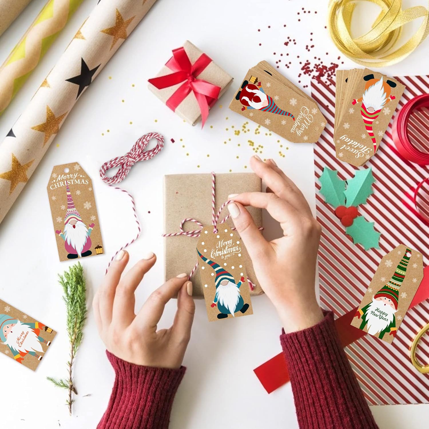 Ouddy 200 Pack Christmas Tags, Gnomes Christmas Tags for Gifts, Brown Kraft Paper Christmas Gift Tags Labels for Xmas Holiday Present with Twines : Health & Household